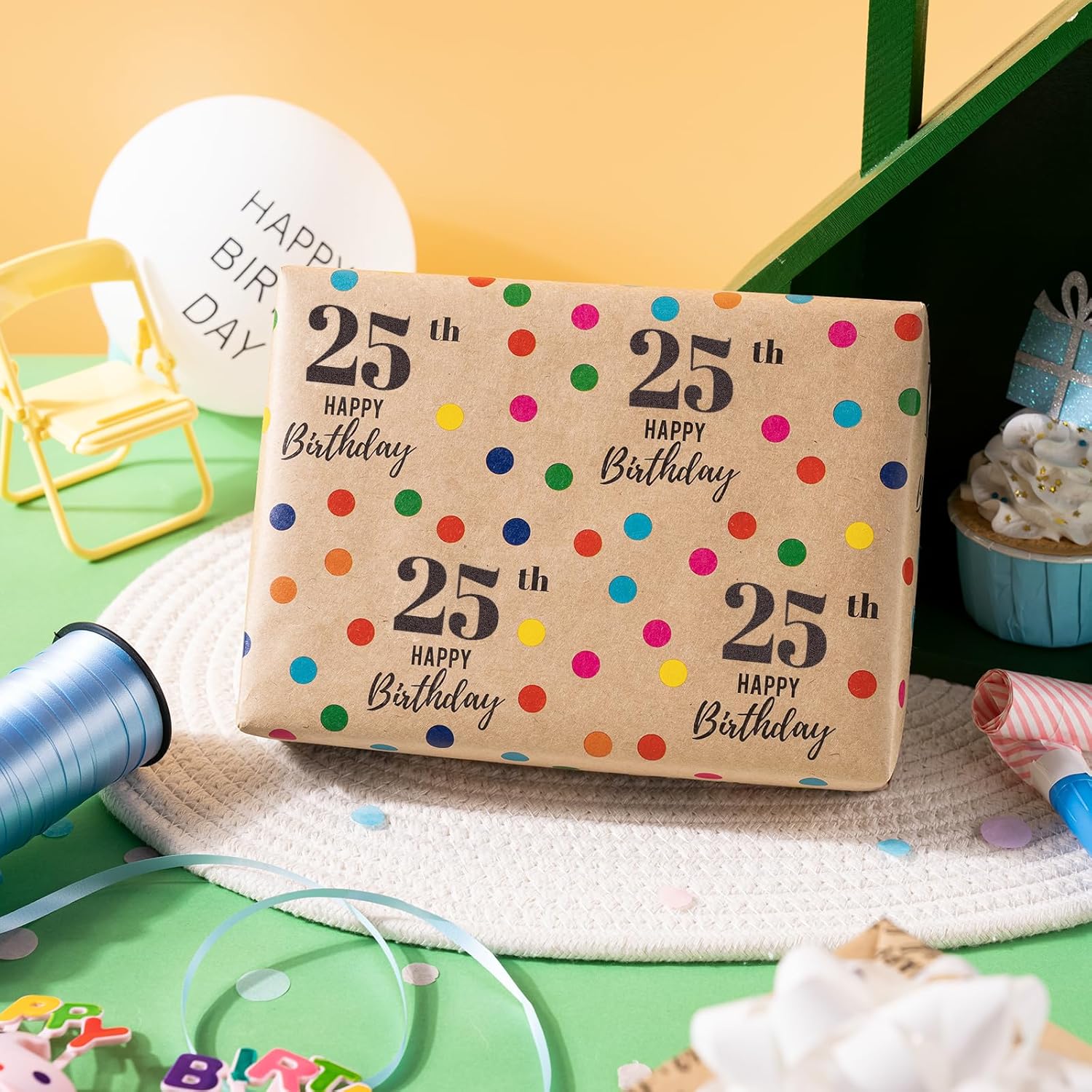 25Th Wrapping Paper - Mini Roll, 17 Inches X 16.4 Feet, Kraft Paper Colorful Dots And 25Th Happy Birthday Design For Boys, Girls, Party, 25 Years Old
