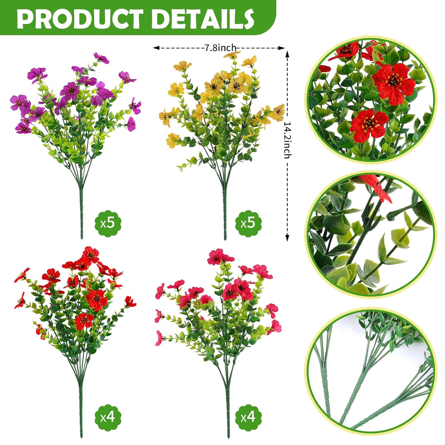 18 Pcs Artificial Flowers For Outdoors Uv Resistant Fake Flower Plastic Spring Flowers Faux Silk Plants For Outside Porch Window Easter Patio Home Decor (18, Red, Purple, Yellow, Rose Red)