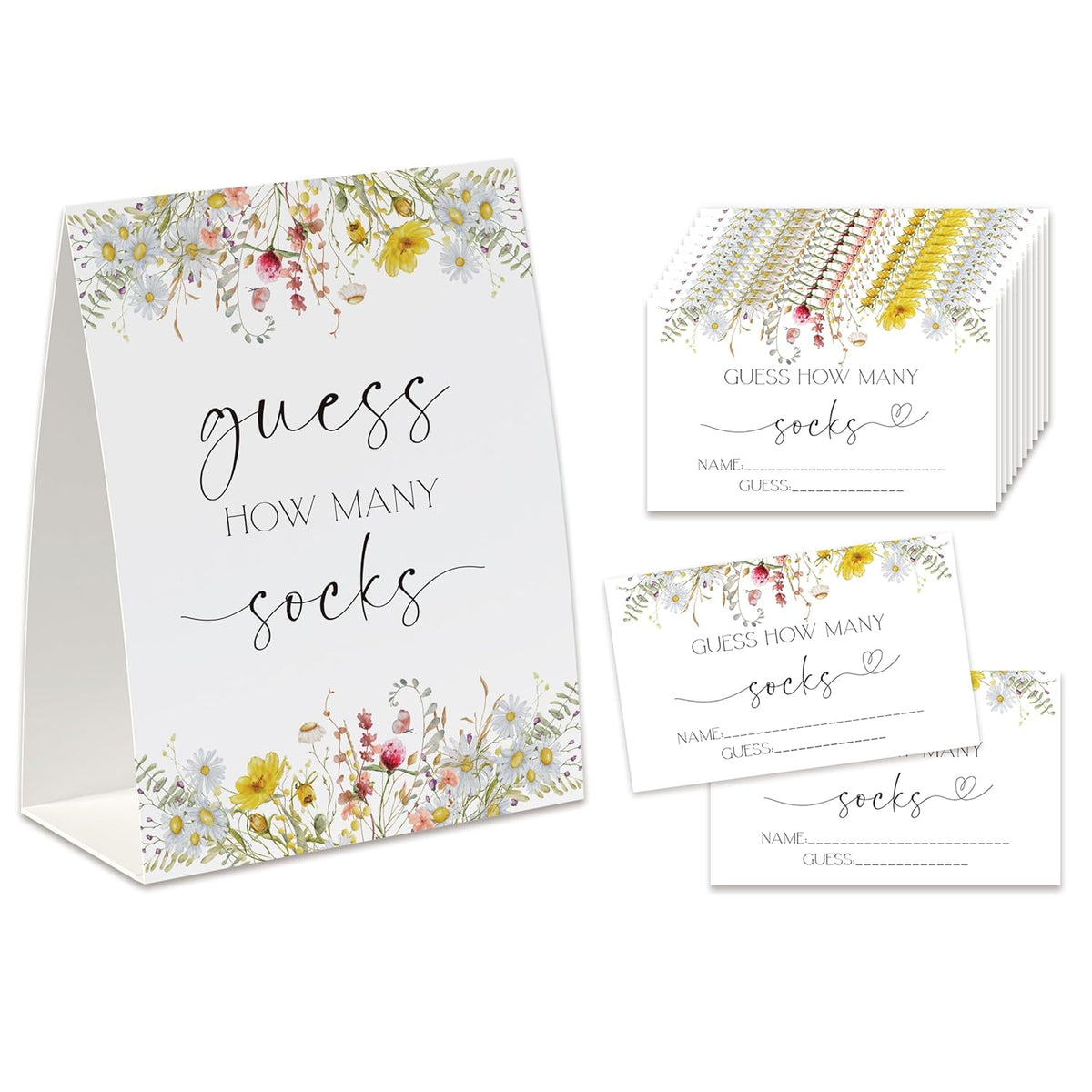 Wildflower How Many Socks Game (1 Standing Sign + 50 Guessing Cards), Baby In Bloom Decorations, Baby Shower Game Ideas-Gs01