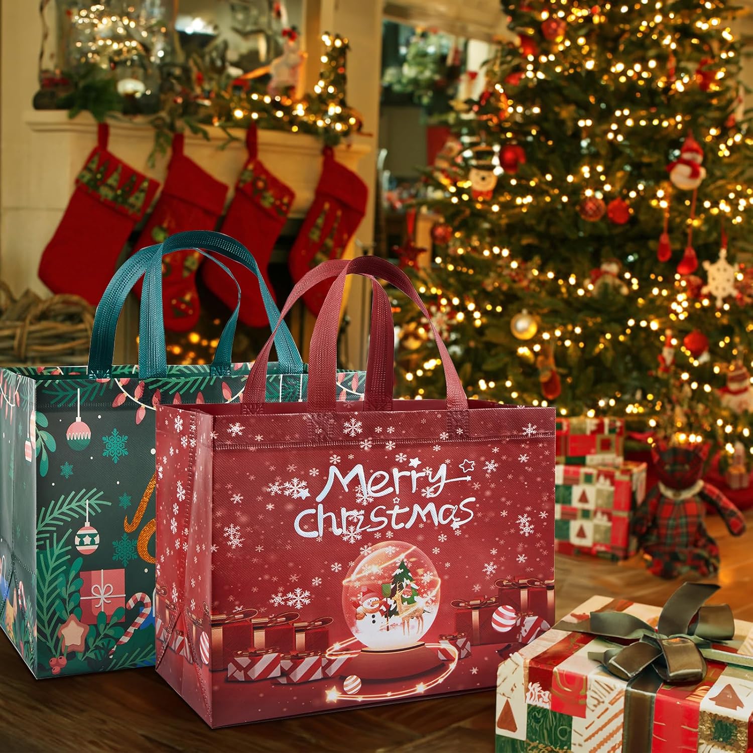 8 Pack Christmas Gift Bags With Handles, Large Non-Woven Tote Bags For Wrapping Xmas Party Favors, 12.8"X9.8"X6.7