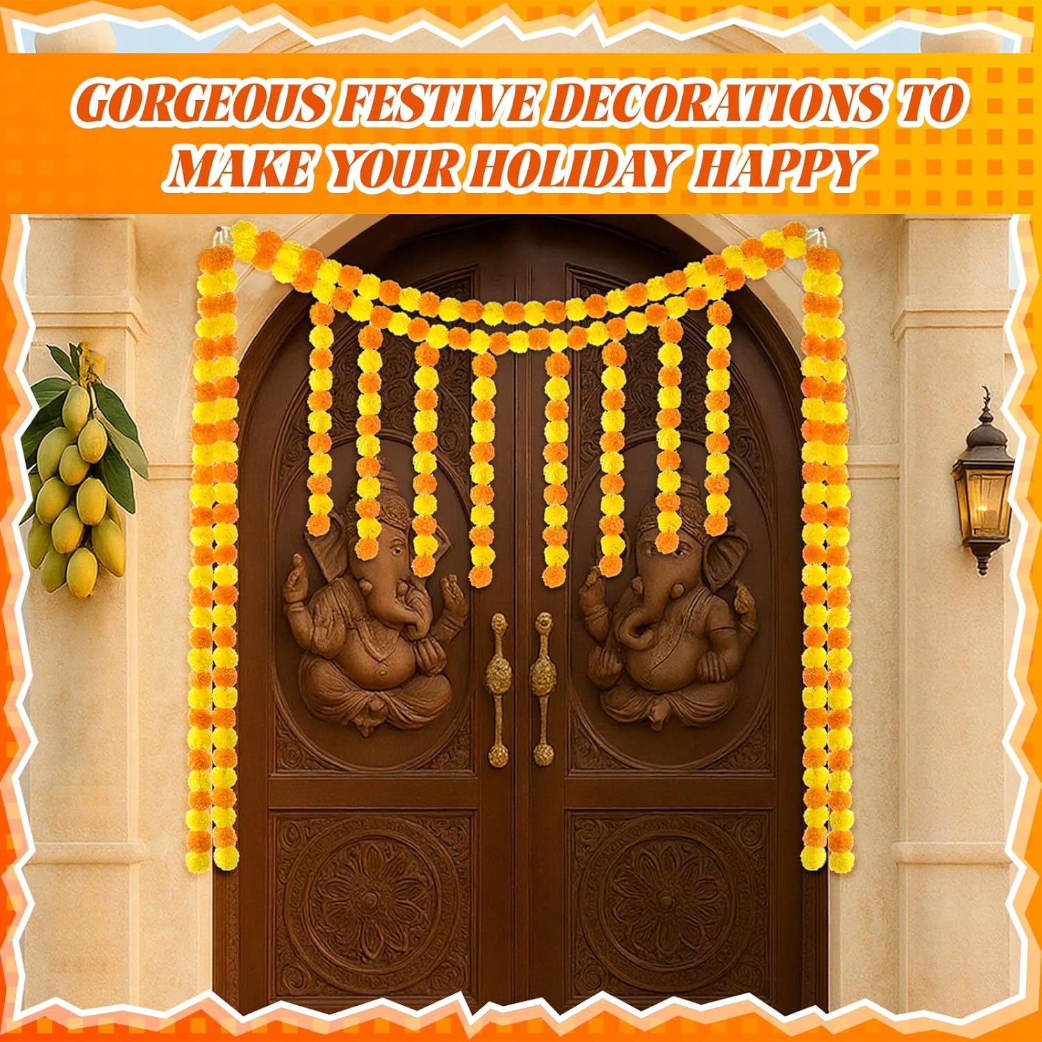 1 Set Artificial Marigold Flower Strands Tassel Garland For Diwali 5 Feet Long Strands, Garland Diwali Decorations For Home, Christmas Indian Day Of The Dead Wedding Decor (Beaded Style)