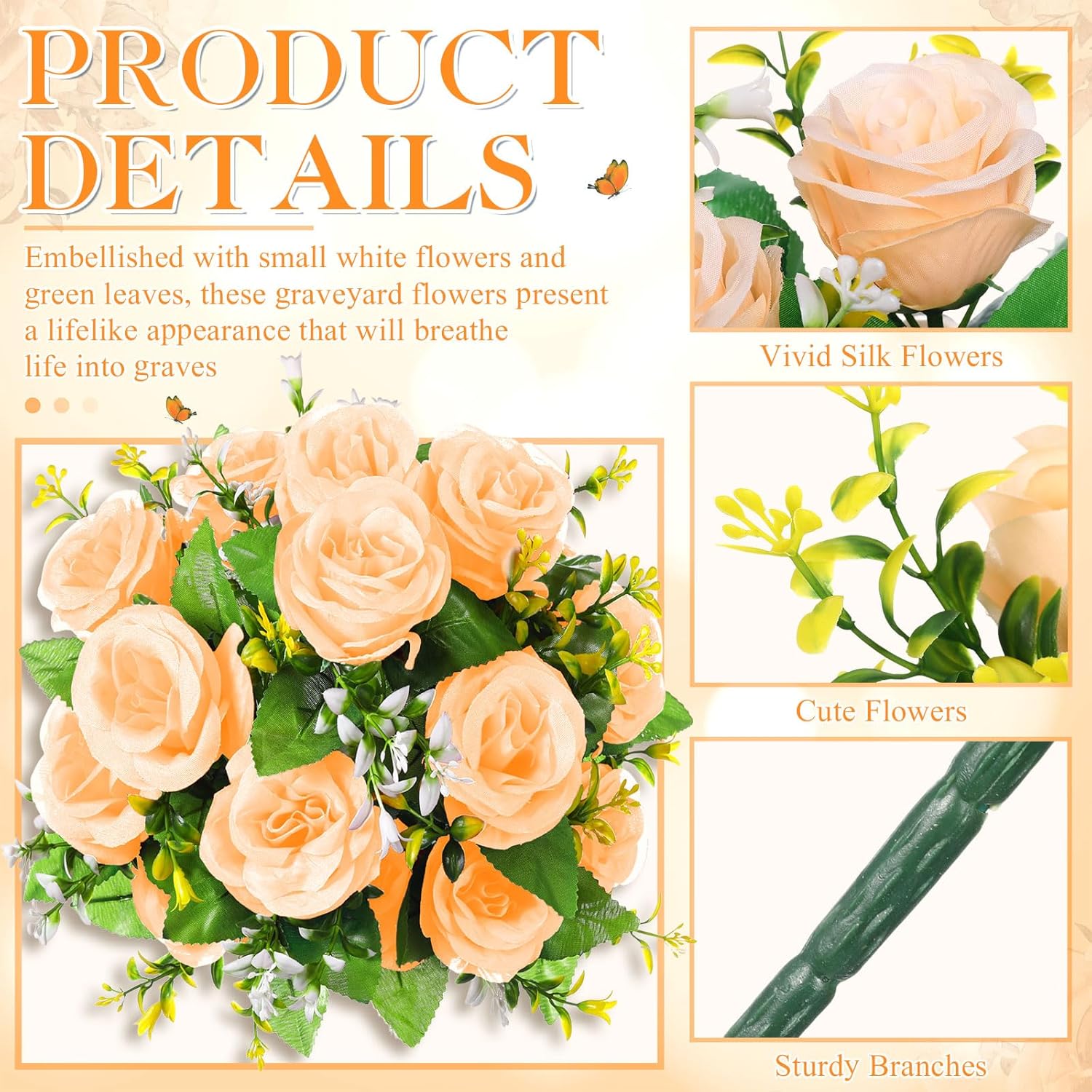 2 Bouquets Artificial Cemetery Flowers For Grave Memorial 18 Heads Rose Silk Flower Faux Roses Arrangement For Valentine'S Headstone Tombstone Decoration Graves 17.72 Inch(Champagne Gold)