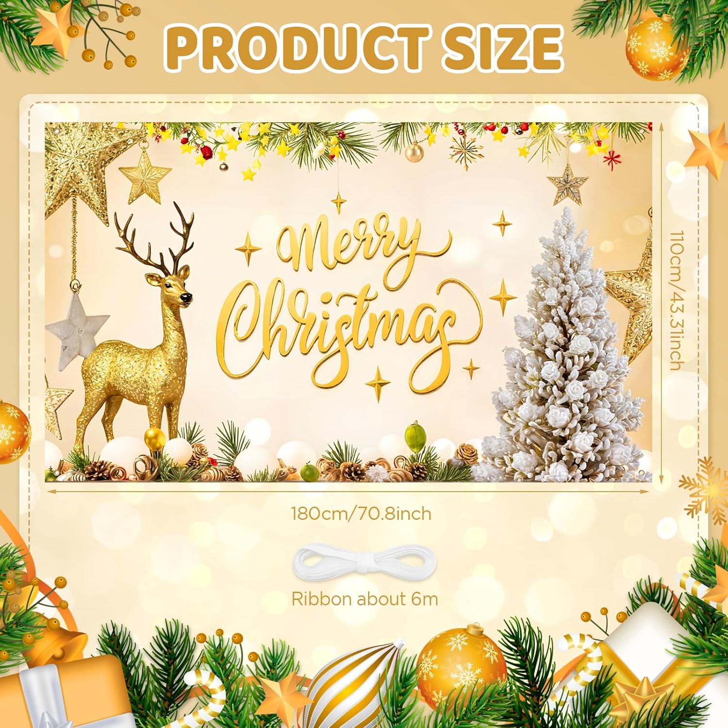 Gold Glitter Merry Christmas Banner - Large Sign For Indoor/Outdoor Decor