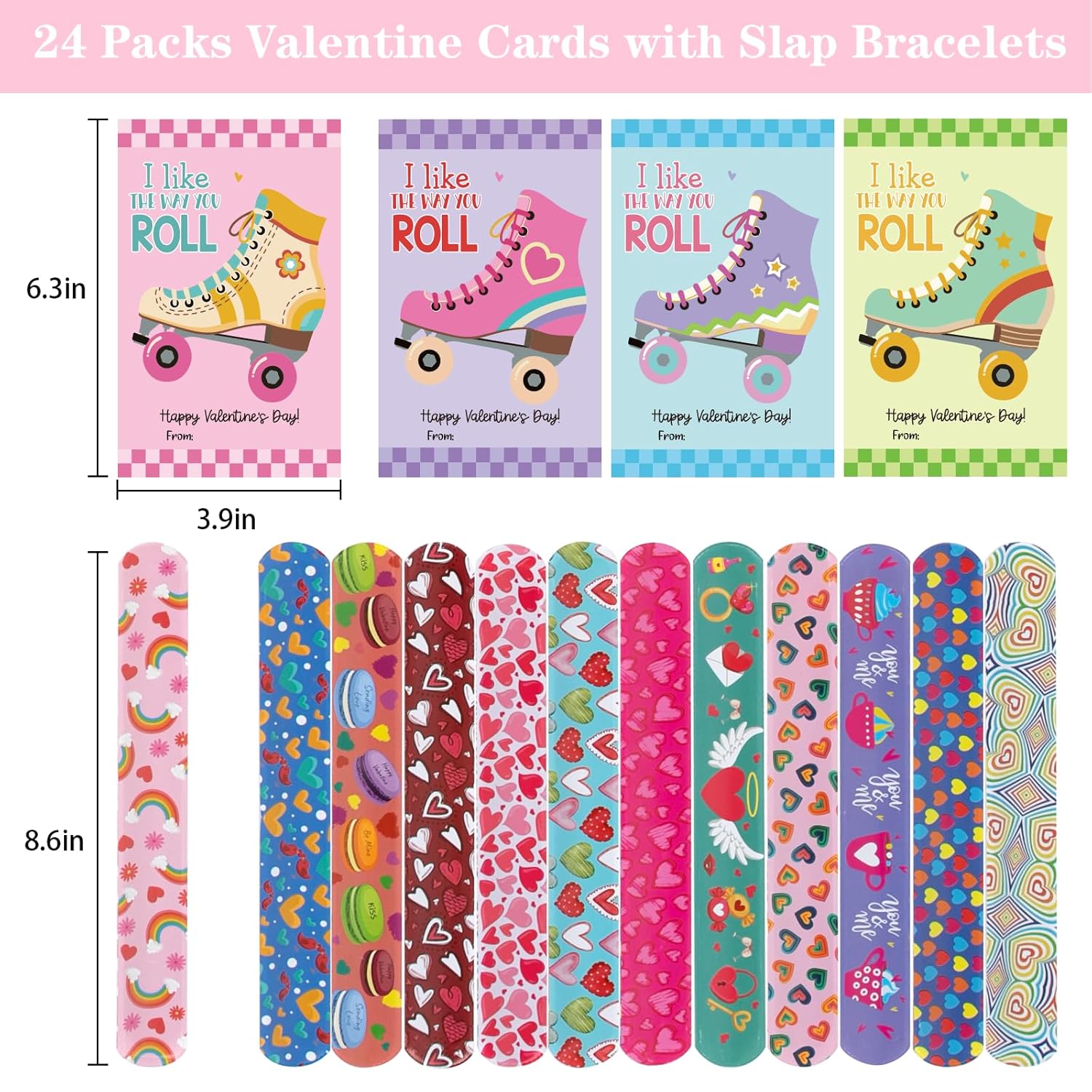 24 Packs Roller Skate Valentine'S Day Cards With Slap Bracelets, Fun Valentine’S Day Gifts For Kids Classroom Exchange & School Parties