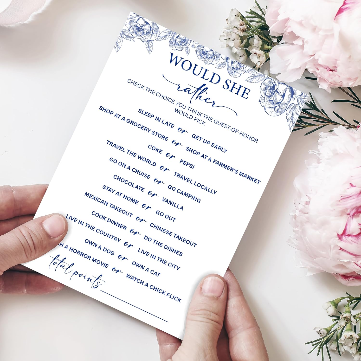 Blue Floral Bridal Shower Game Cards - Would She Rather, Wedding Engagement Bachelorette Party Bridal Shower Games For 30 Guests, Double Sided Cards Set Of 30, Activity Supplies & Favor/B07