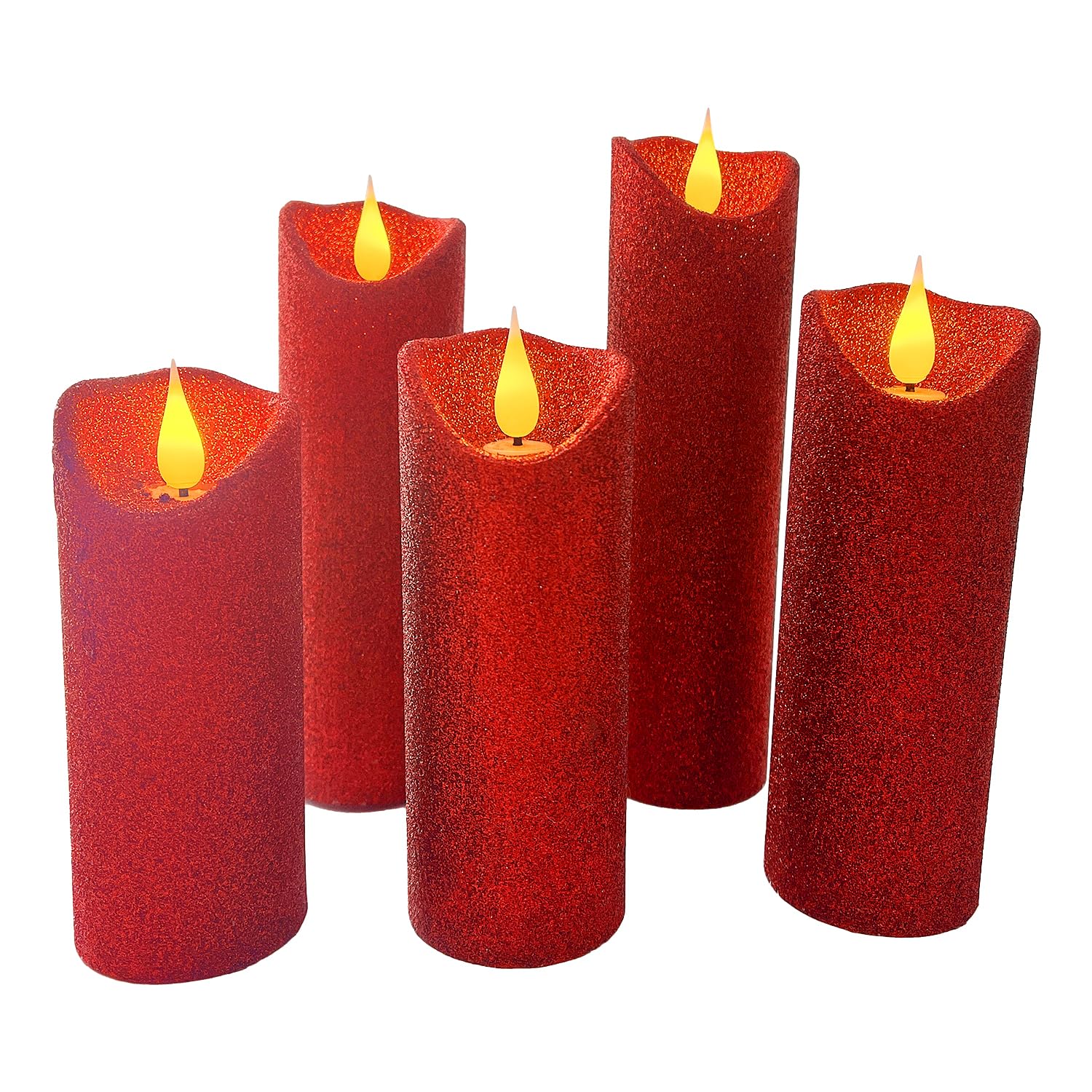 Flameless Candles Flickering Pillar Candles Battery Operated Candles Unscented With Timer And Remote,Set Of 5 Glitter Red Wax Pillar Led Candles