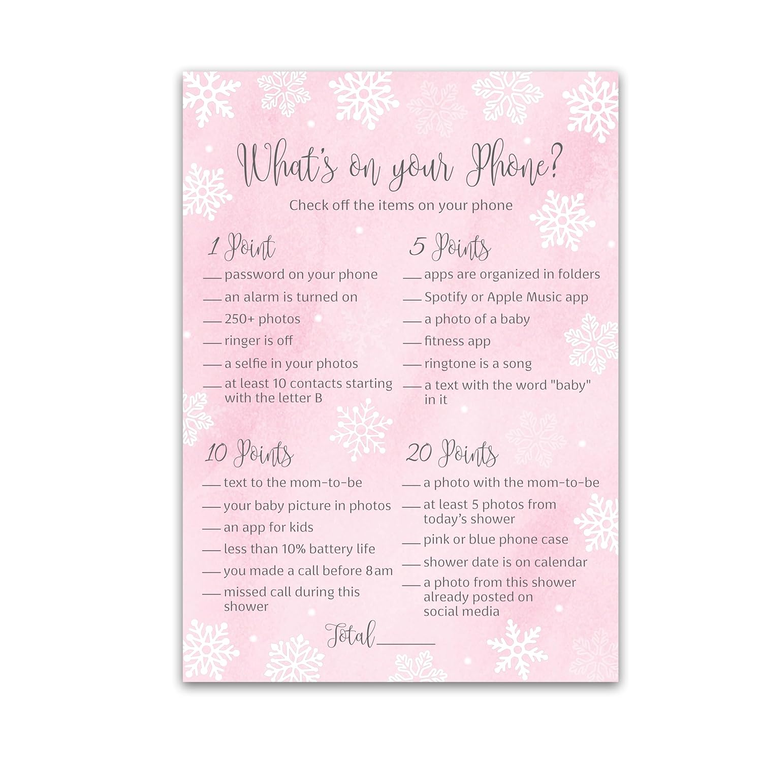 Snowflakes Girl Baby Shower Games — What'S On Your Phone Game — Pack Of 25 —Winter Wonderland Baby Shower Activity, Baby It’S Cold Outside Frost Holiday Pink Couples Co-Ed Shower G780-Phn