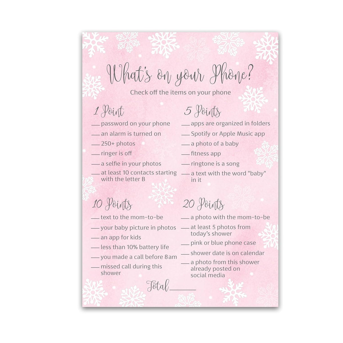 Snowflakes Girl Baby Shower Games — What'S On Your Phone Game — Pack Of 25 —Winter Wonderland Baby Shower Activity, Baby It’S Cold Outside Frost Holiday Pink Couples Co-Ed Shower G780-Phn