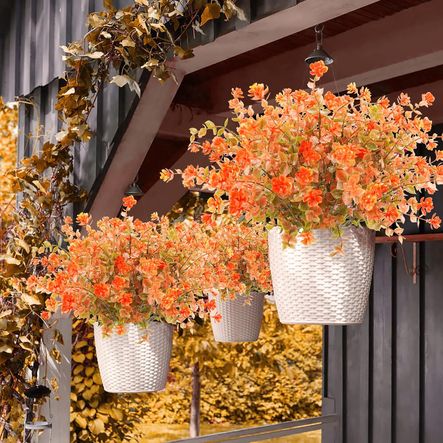 24Pcs Artificial Fall Flowers For Outdoors Uv Resistant Faux Autumn Plants Bushes No Fade Plastic Plants For Outside Garden Porch Window Box Fall Décor Orange