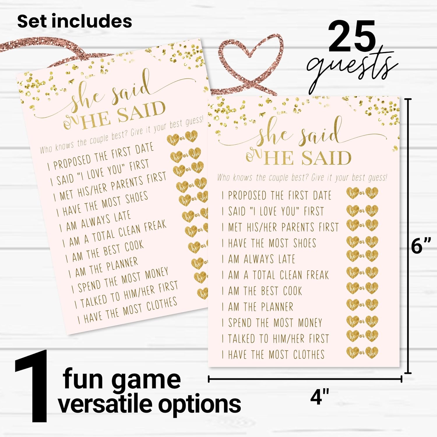 Pink And Gold Bridal Shower Games - 25 He Said Or She Said Cards - Guess Who Wedding Activity - Perfect For Engagements And Rehearsal Dinners - Modern Design, 4X6 Set