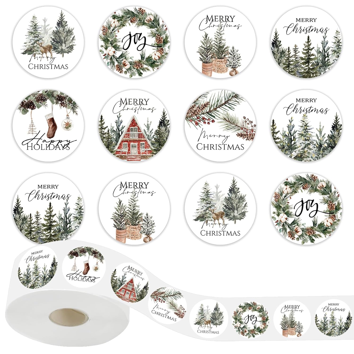 1000Pcs Christmas Roll Stickers 1.5 Inch Self-Adhesive Watercolor Cedar Wreath Pine Cone Label Decals For Winter Xmas Seal Cards Envelopes, 8 Designs