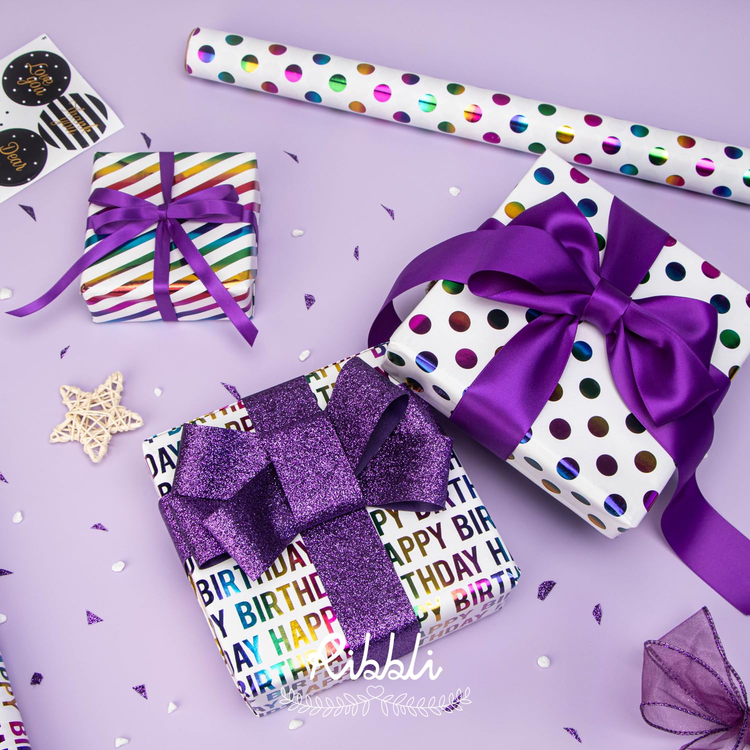 Birthday Wrapping Paper 30 Inch Iridescent Gift Wrapping Paper 4 Rolls Happy Birthday Polka Dots Stripes Stars Printed Assortment -120 Inch(10Feet) Per Roll