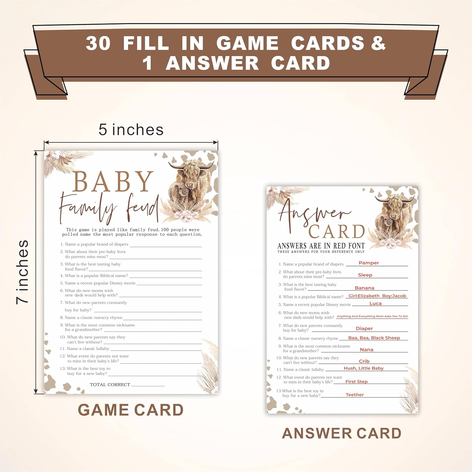 Family Feud Game Kit For Baby Shower - Holy Cow! Western Ranch Theme - 30 Fill In Game Cards & 1 Answer Card For Baby Shower, Gender Reveal Games, Party Favor, Decorations & Supplies - C08
