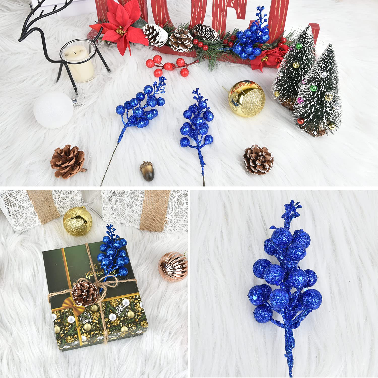 16Pcs Christmas Glitter Berry Stems, 7.8" Artificial Christmas Picks For Christmas Tree Ornaments, Diy Xmas Wreath, Crafts, Holiday And Home Decor (Dark Blue)