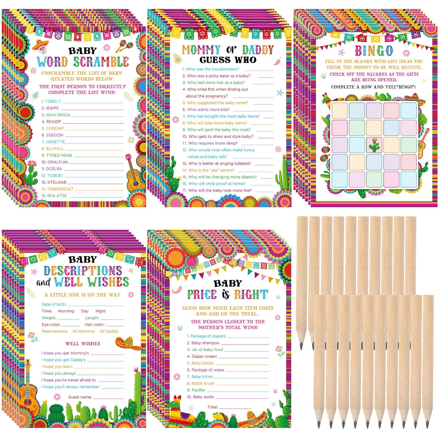 145 Pcs Mexican Baby Shower 5 Set Activity Cards Fiesta, Description And Wishes, Baby Price, Word Scramble For Hispanic Heritage Month Activities