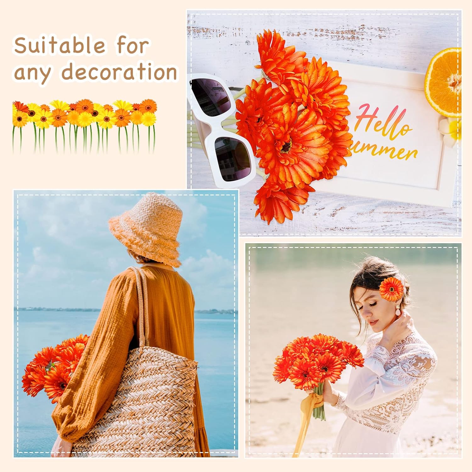 20 Pcs Orange Gerbera Daisy Faux Artificial Daisies Flower Bouquet Fake African Daisy Flower For Wedding Bridal Bouquet Party Home Kitchen Table Centerpiece (Orange)