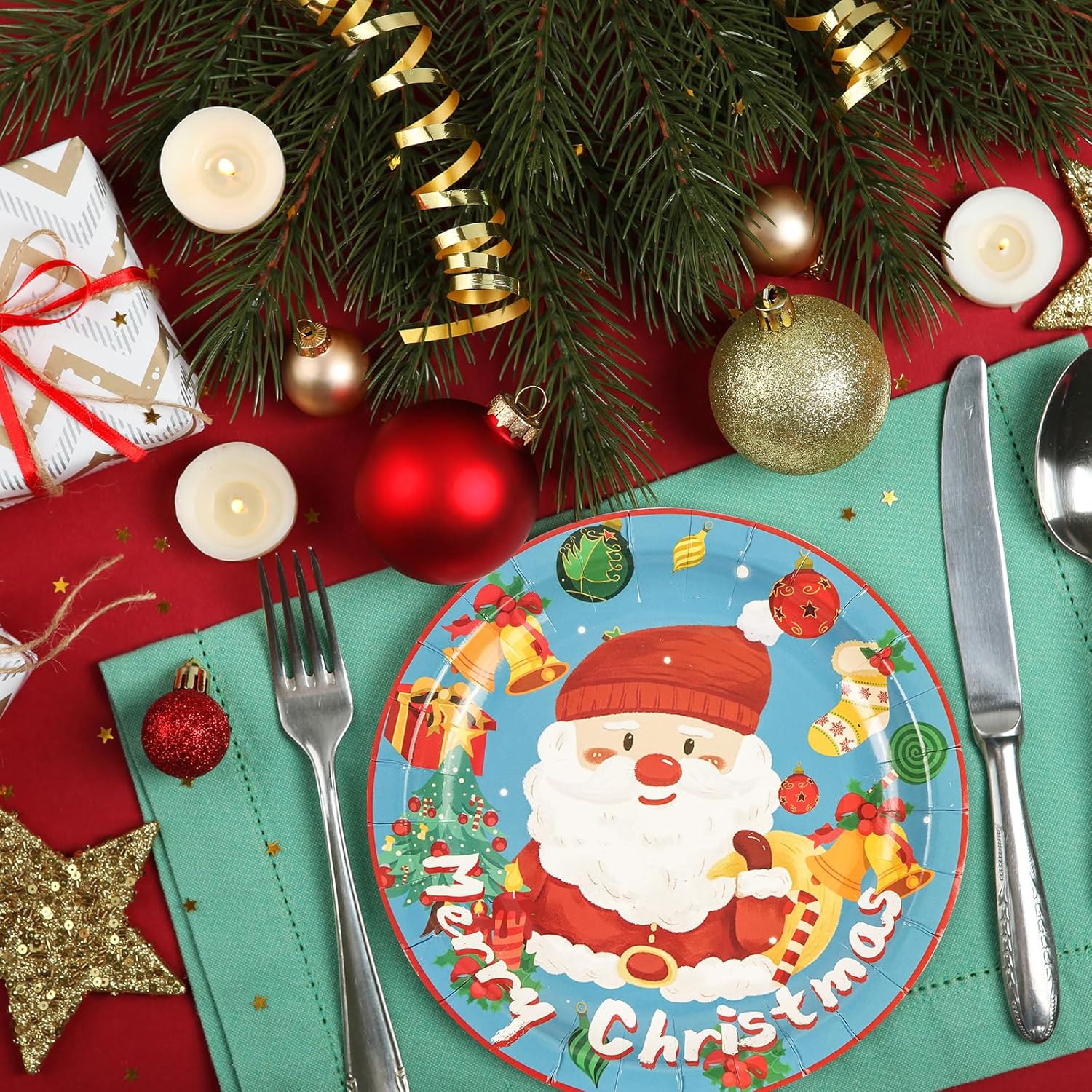 50Pcs Merry Christmas Paper Plates - 7Inch Blue Dessert Plates For Cake Fruit Salad Pizza Disposable Decoration Supplies For Christmas Birthday Wedding Party