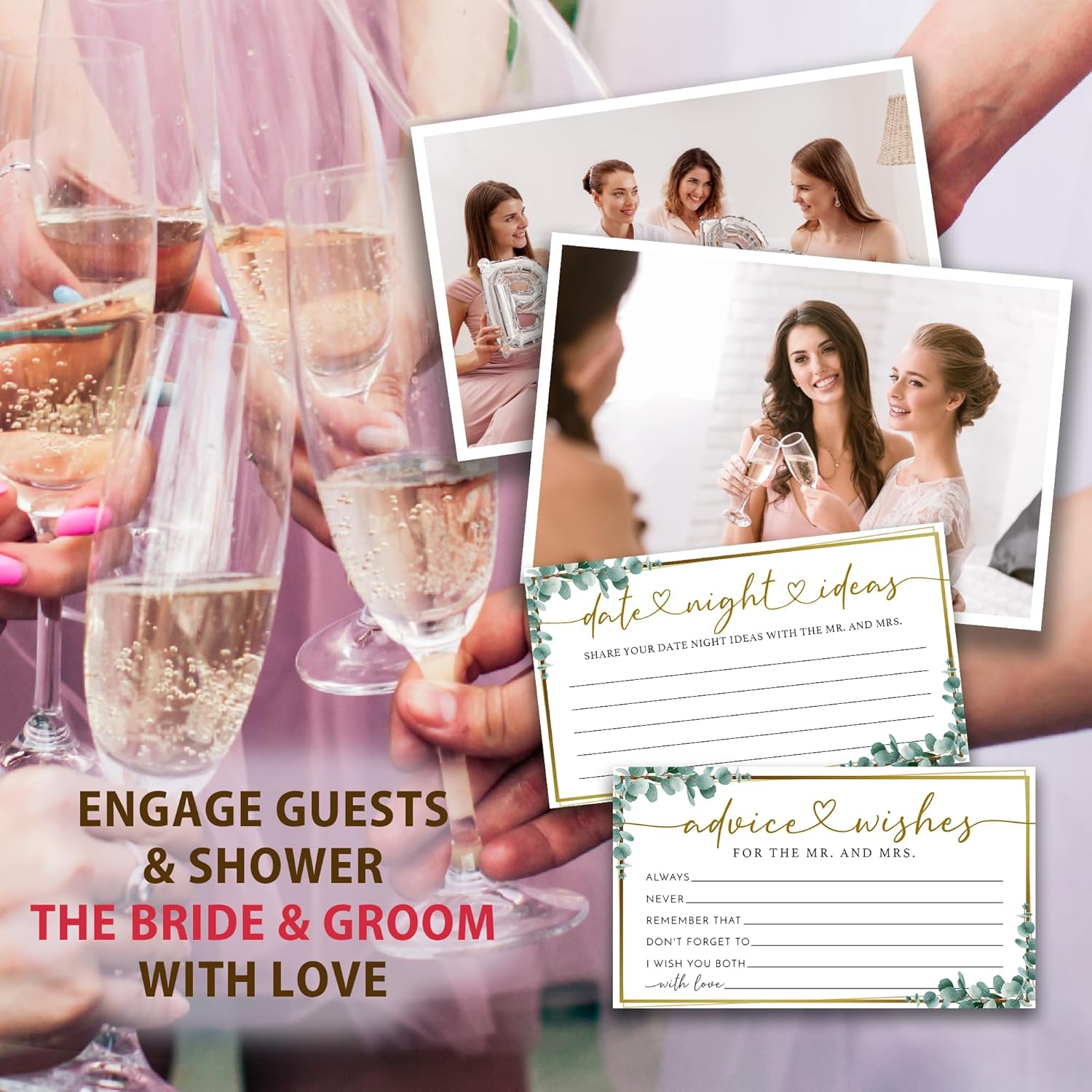 Eucalyptus Advice And Wishes For The Mr And Mrs - 50 Packs Wedding Advice Cards Bridal Shower Game Cards With Box Reception Guest Book For Bride Groom Newlywed Engagement Party Decoration -A10