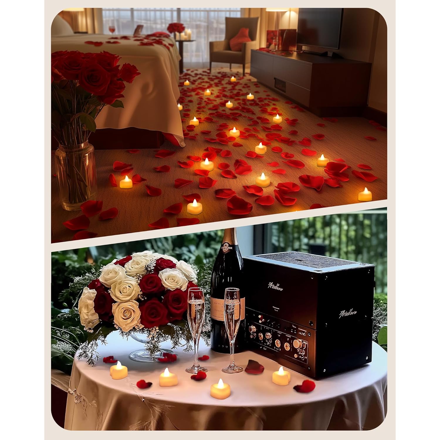 1000 Pieces Artificial Rose Petals With 12 Heart Led Tea Lights Candles Kit, Rose Petals And Candles Set For Proposal, Anniversary, Valentine'S Day, Special Romantic Night, Wedding Table Decor