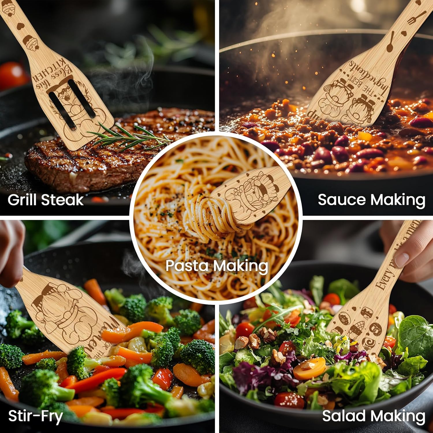 6Pcs Baking Gnome Wooden Kitchen Cooking Utensil Set, 11.9In Non Toxic Bamboo Wood Spoon Set For Cooking, Best Housewarming Birthday Thanksgiving Christmas Gift For Women Mother