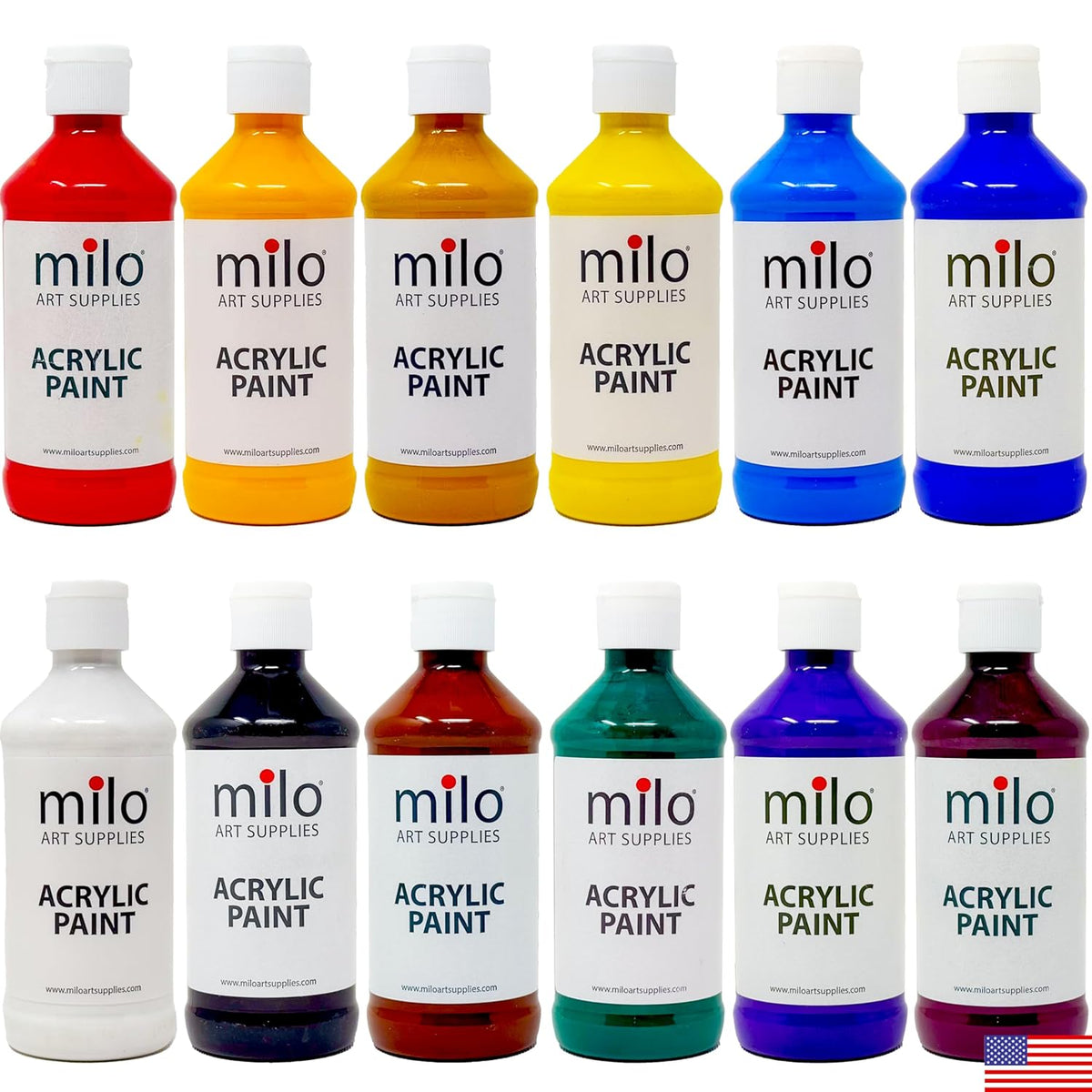 milo Acrylic Paint Set of 12 Colors | 8 oz Bottles | Student Primary Colors Acrylics Painting Pack | Made in the USA | Non-Toxic Arts & Crafts Paints for Artists & Hobby Painters