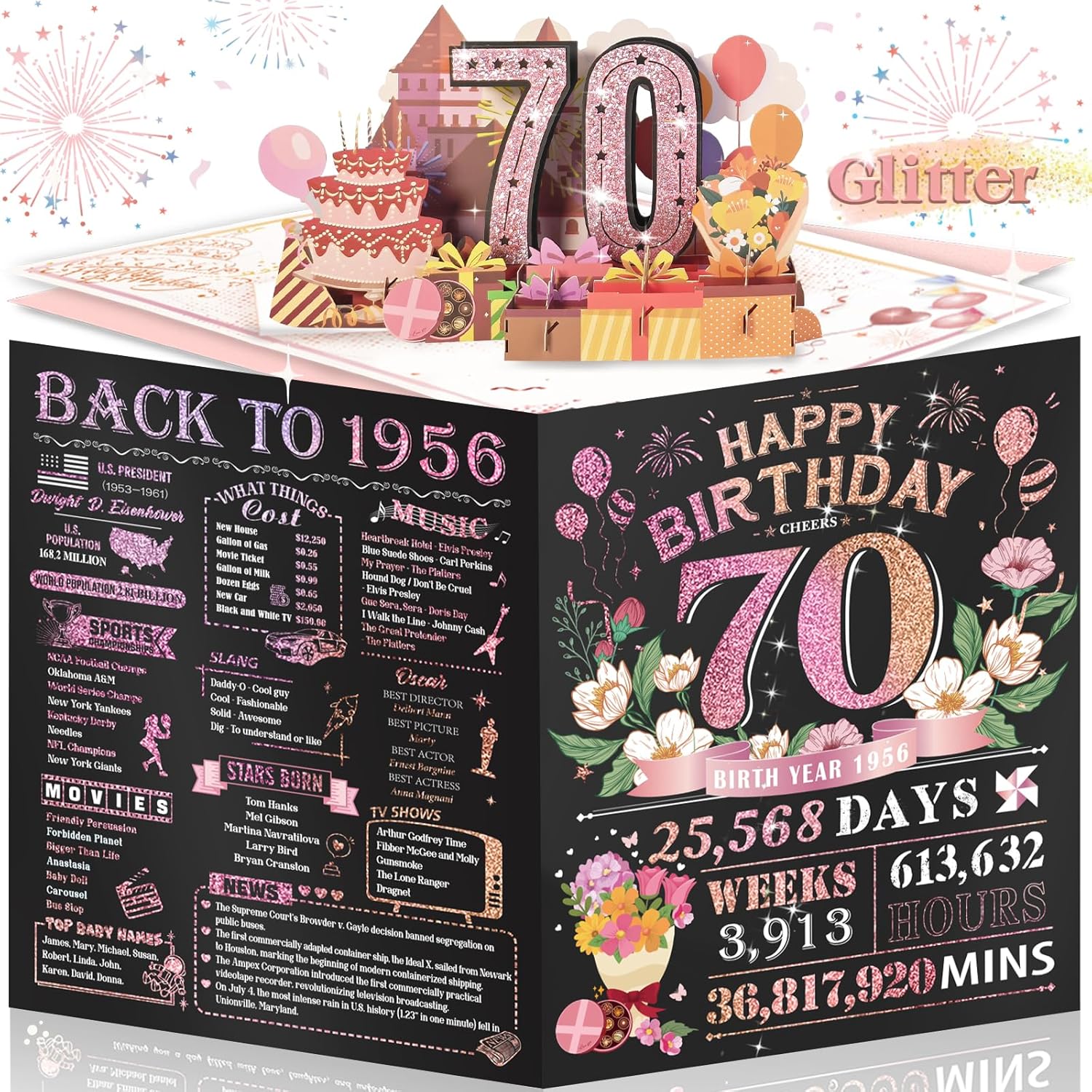 70Th Birthday Card For Women Her, Large 3D Pop Up 70Th Birthday Cards For Mom Grandma, Happy 70 Year Old Birthday Decorations For Wife Sister Funny Birthday Gifts, Back To 1956, Pink