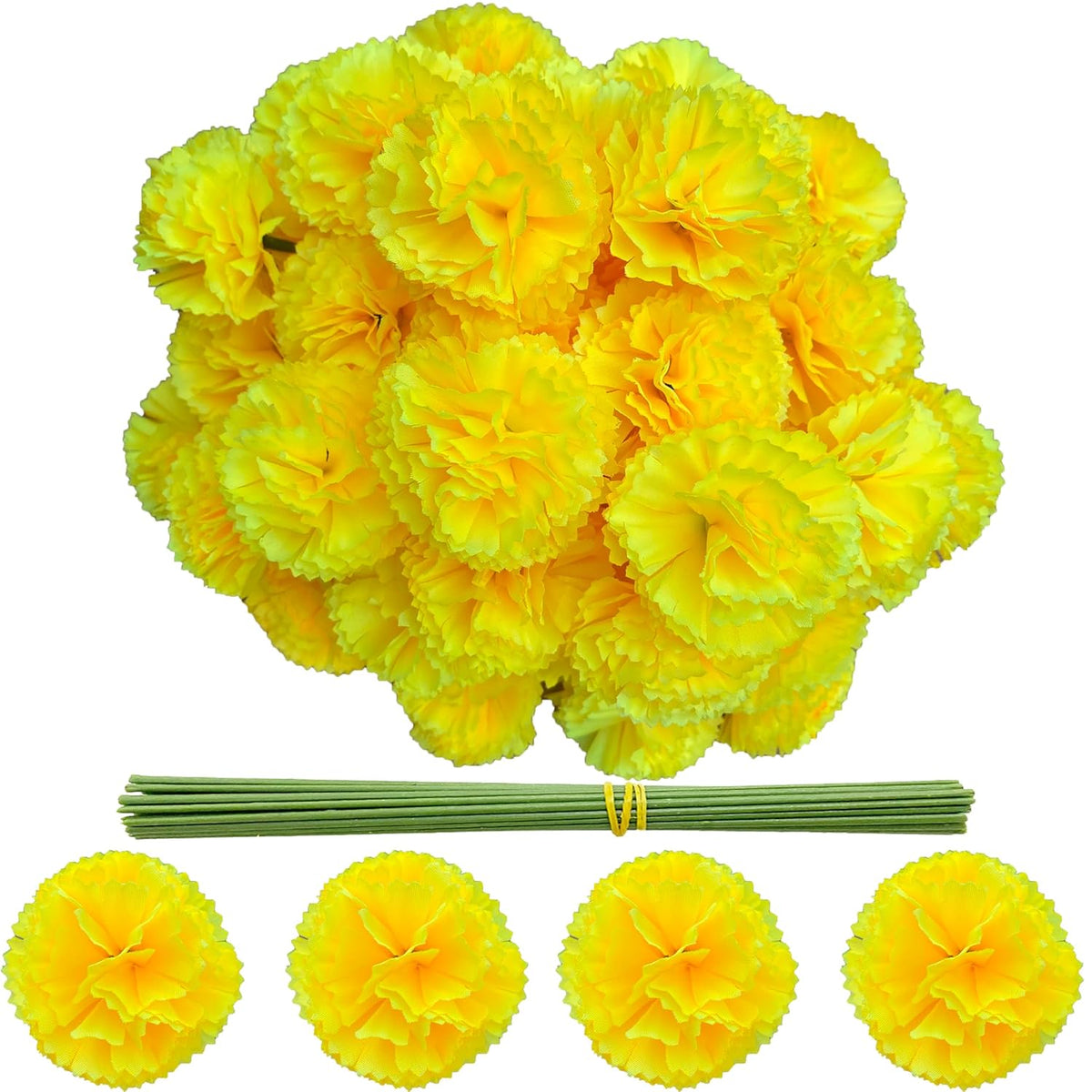 Marigold Flower Heads Bulk 50Pcs, Marigold Artificial Flowers For Diwali Home Decor Diy Wreath Garland Craft Wedding Party Day Of The Dead Decoration Halloween Dia De Los Muertos Decor(Yellow)