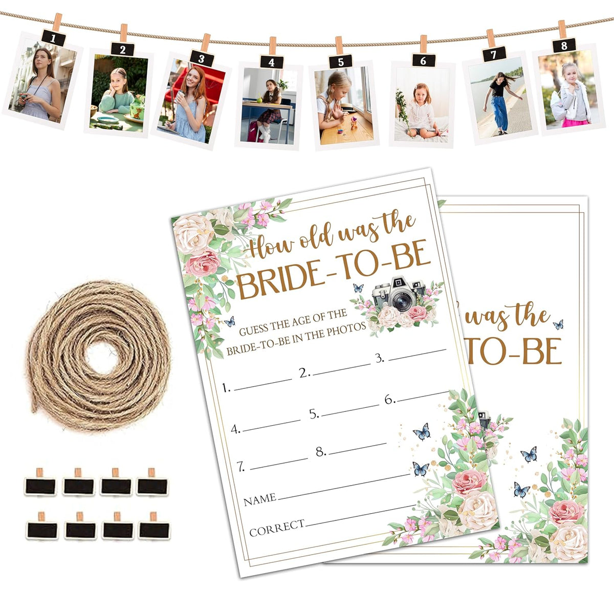 Bridal Shower Games, Floral Wedding Photo Games Card, Bridal Shower Bachelorette Engagement Party Ideas Supplies Decorations, How Old Was The Bride-To-Be Game Cards For Guest, 30 Pack -07