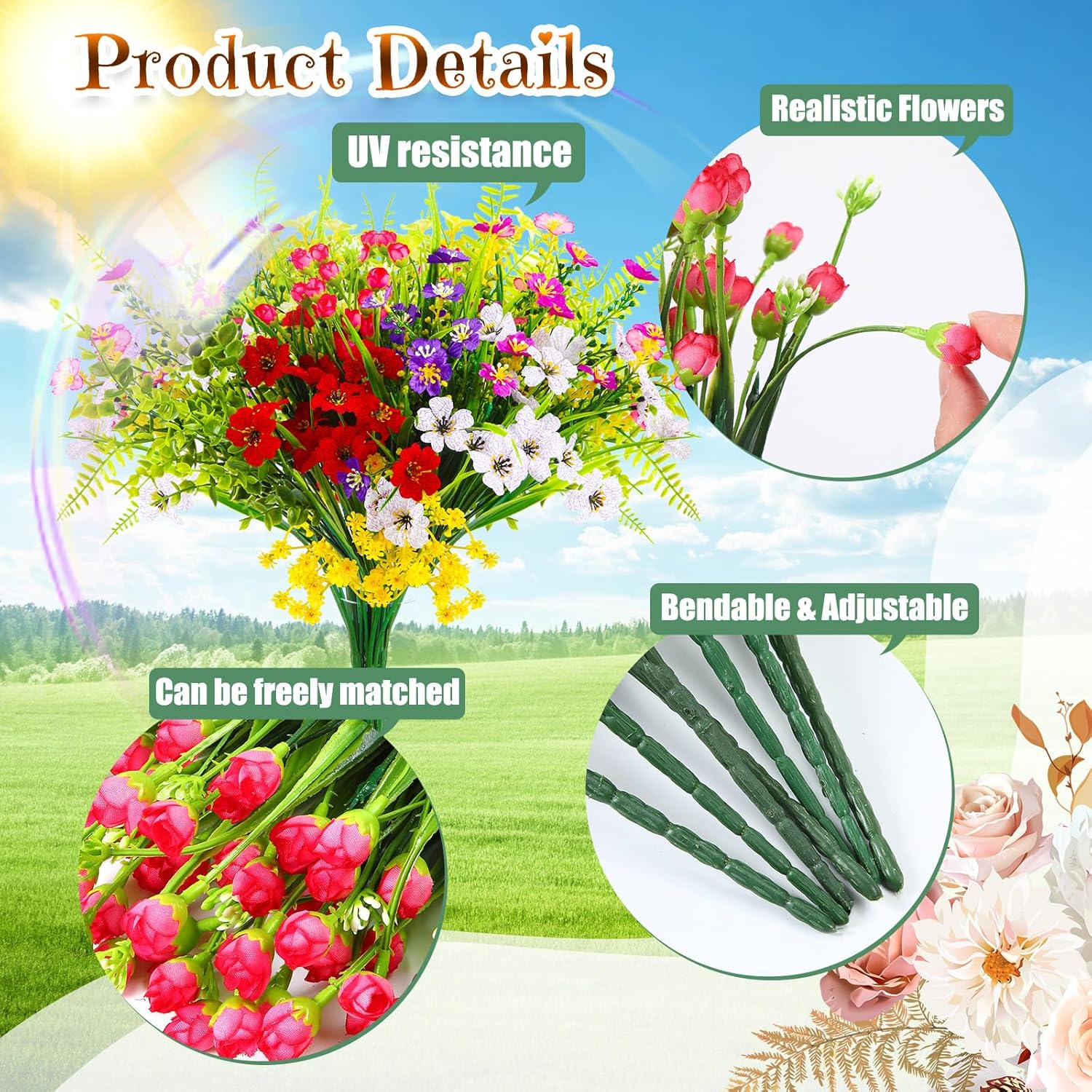 40 Bundles Artificial Flowers For Outdoor No Fade Faux Artificial Plants Shrubs Plastic Fake Flower 10 Kinds Uv Resistant Faux Flowers For Garden Porch Window Decoration(Mix 2)