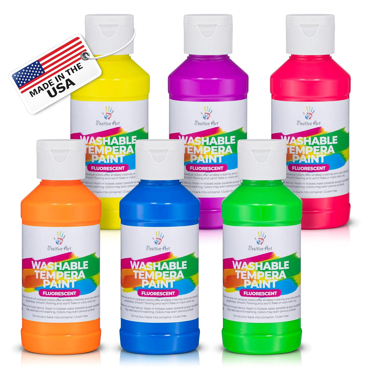 Neon Fluorescent Washable Tempera Paint – Uv-Reactive Under Blacklight, 6 Bright Colors, 4 Fl Oz Bottles, Non-Toxic Kid-Safe Craft & Classroom Paint, Made In Usa