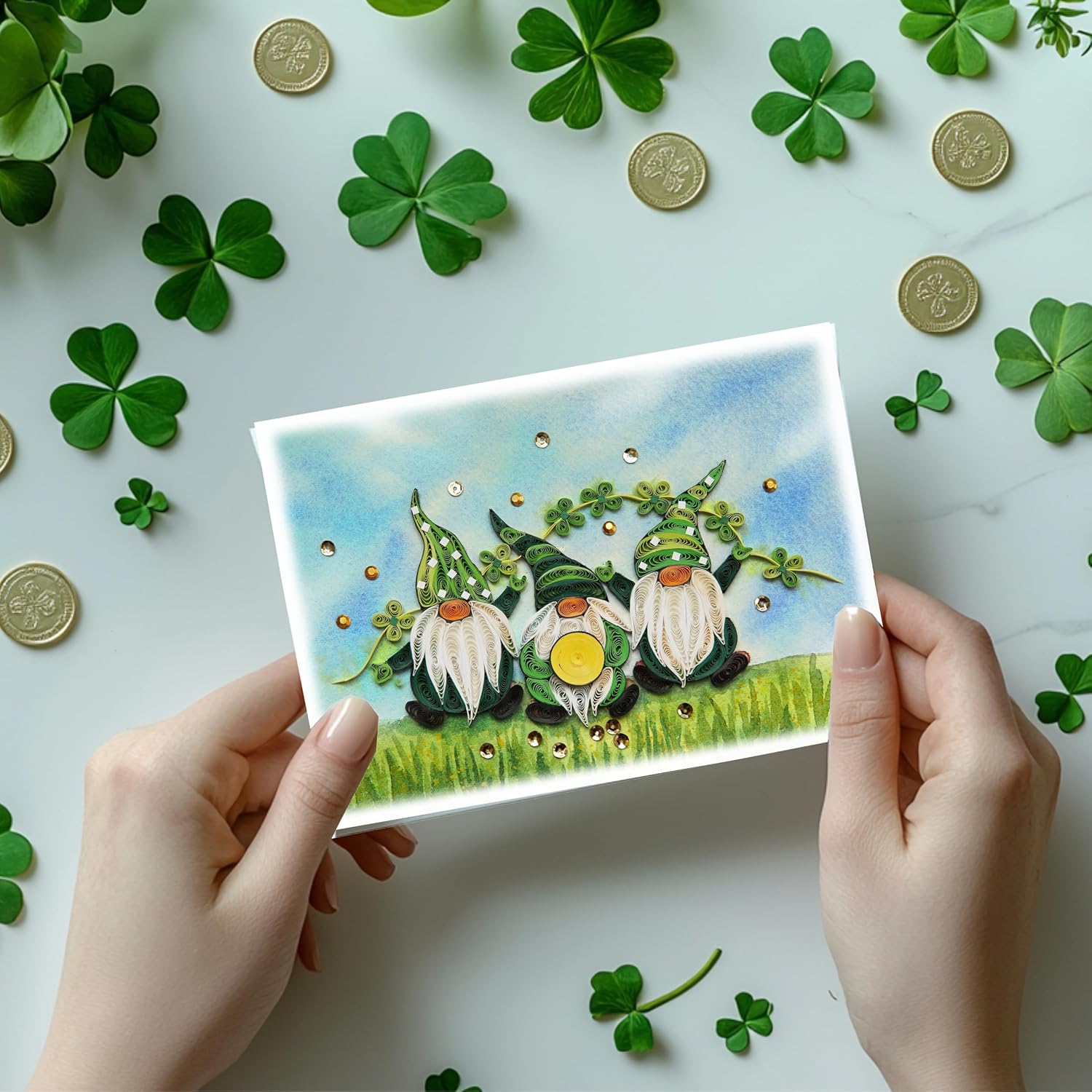 St Patrick Day'S Card, Gnomes Card, Seasonal Holiday Quilling Card, Artful Greeting Card, Clover St Patricks, Saint Patrick'S Quilled Cards For Family, Friend, Husband, Wife (Green Gnomes)