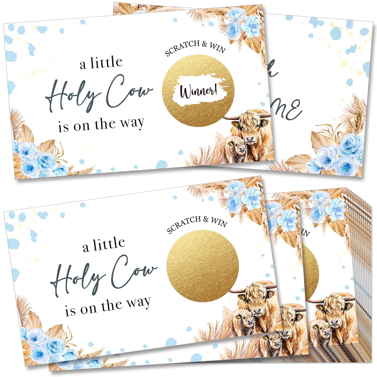 Holy Cow Scratch Off Game Cards (50-Pack) - Fun & Simple Baby Shower Activity For Boys, 'A Little Holy Cow Is On The Way' Theme, Blue Highland Cow Themed Party Game -C3