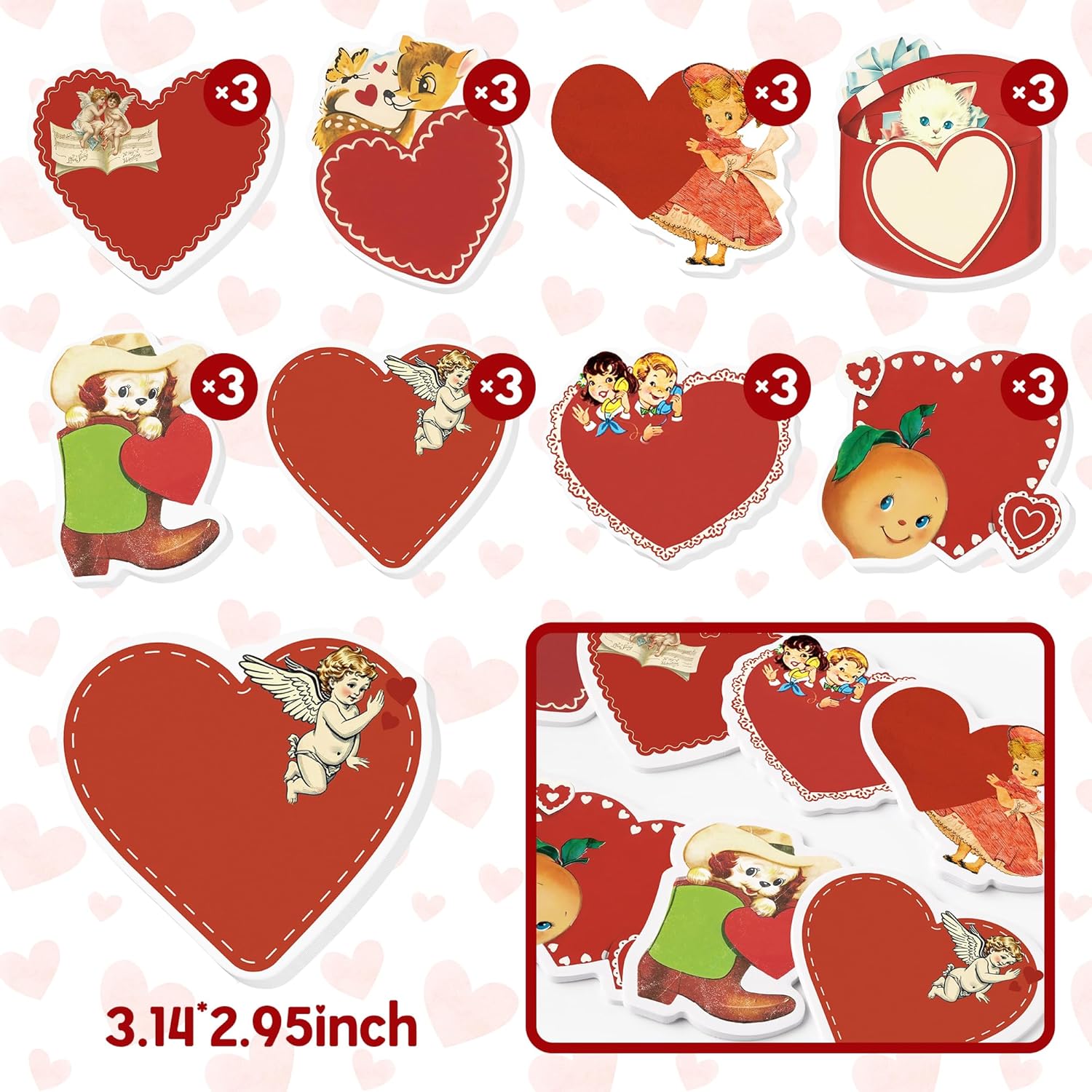 24 Packs Vintage Valentine'S Day Sticky Notes Retro Red Heart Self-Adhesive Writing Notepads Memo Pads Antique Victorian Style Office School Stationery Supplies Party Favors Classroom Exchange Gifts