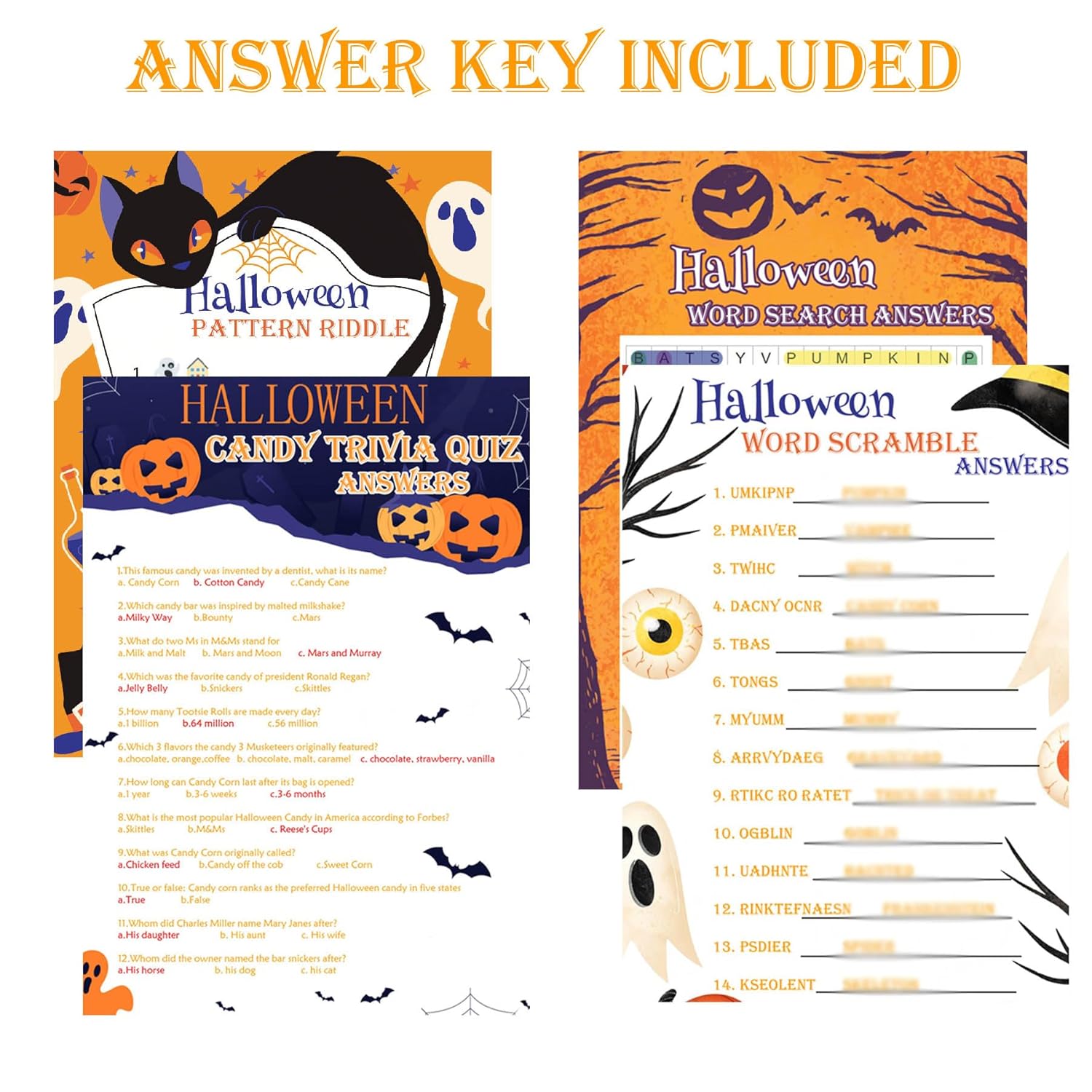 Halloween Party Games 129Pcs Halloween Card Games For Adults/Teens Word Scramble Word Search Candy Trivia Card Games For Halloween Birthday Party Activity Classroom Ice Breaker