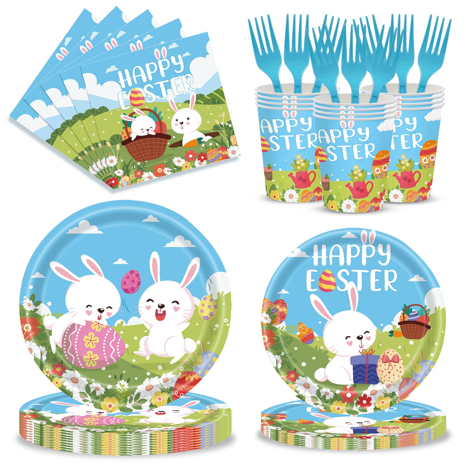 120pcs Easter Plates and Napkins Tableware Set, Happy Easter Disposable Plates Napkins Forks and Cups for Bunny Party Decorations and Supplies, Serve 24