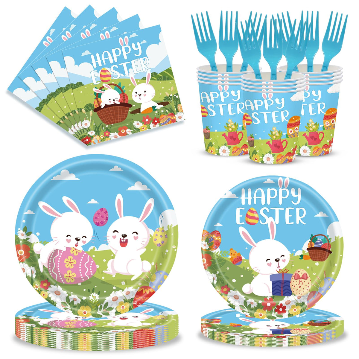 120pcs Easter Plates and Napkins Tableware Set, Happy Easter Disposable Plates Napkins Forks and Cups for Bunny Party Decorations and Supplies, Serve 24