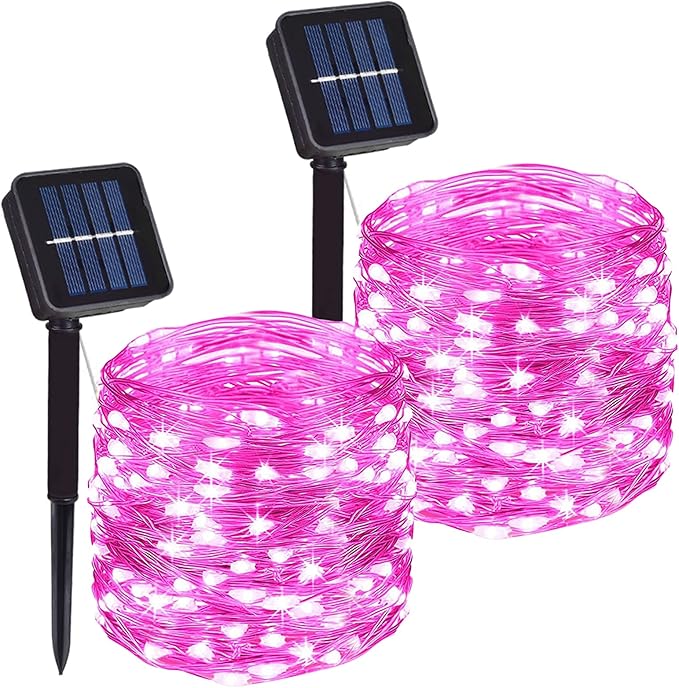 2 Pack 66FT Solar Fairy String Lights Pink 200 LED Copper Wire Outdoor Waterproof Lights with 8 Lighting Modes for Garden Patio Party Wedding Holiday Decor