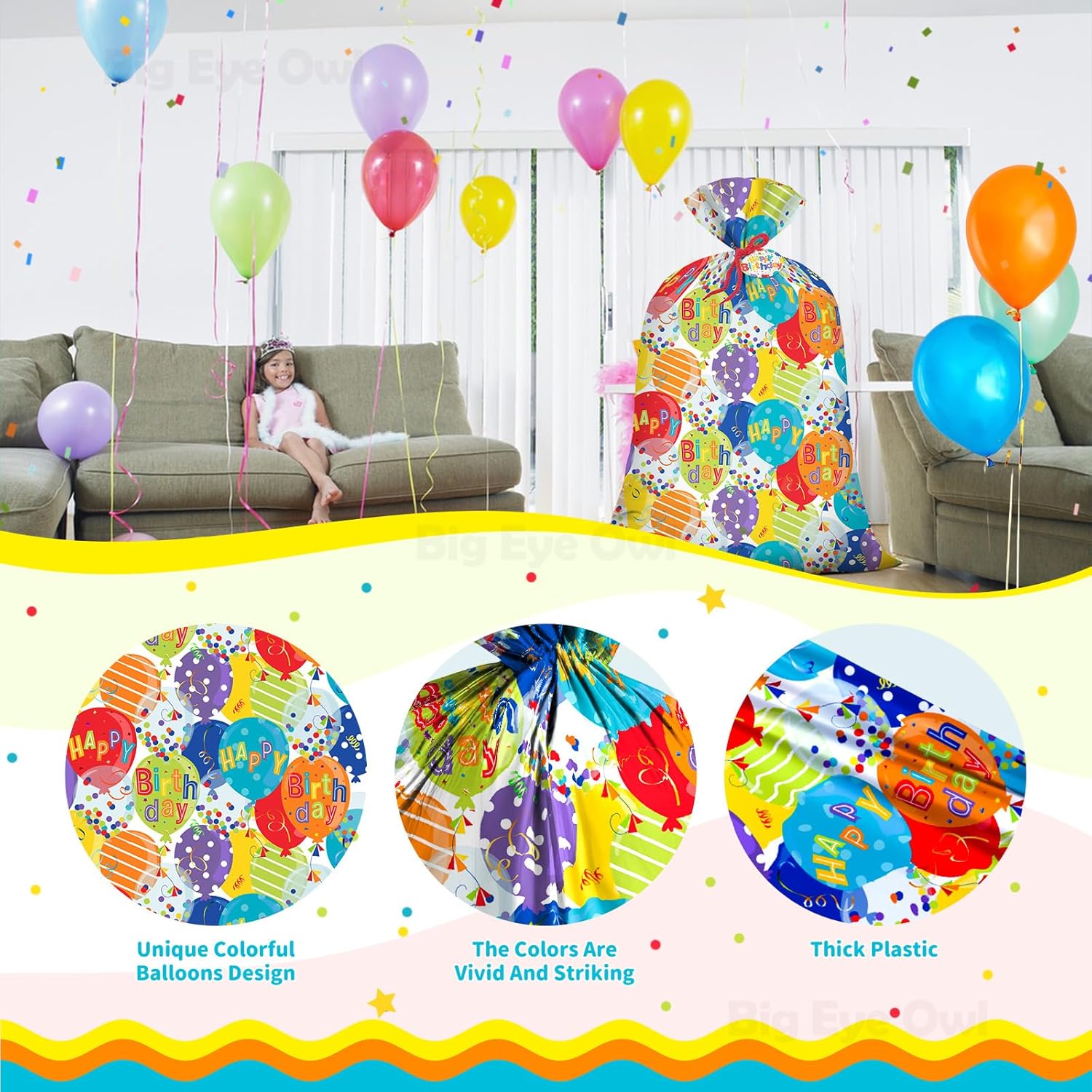 Extra Large Jumbo Happy Birthday Present Bag - 36''X48'' Xl Oversized Party Gift Wrapping Bags With Colorful Balloon Confetti Design