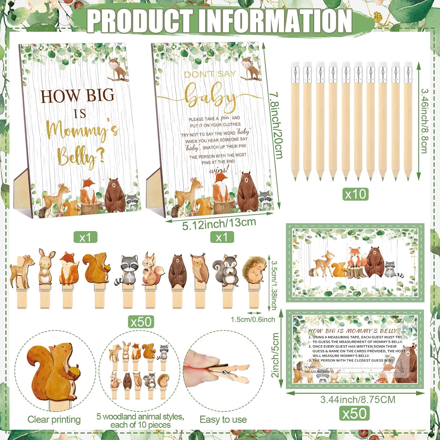 114 Pcs Baby Shower Games Supplies Include Measure Mommy'S Belly Sign Don'T Say Sign 50 Clothespins 2 Tummy Measure Rolls 10 Pencils Baby Shower Decor Party Favors(Woodland Animal)