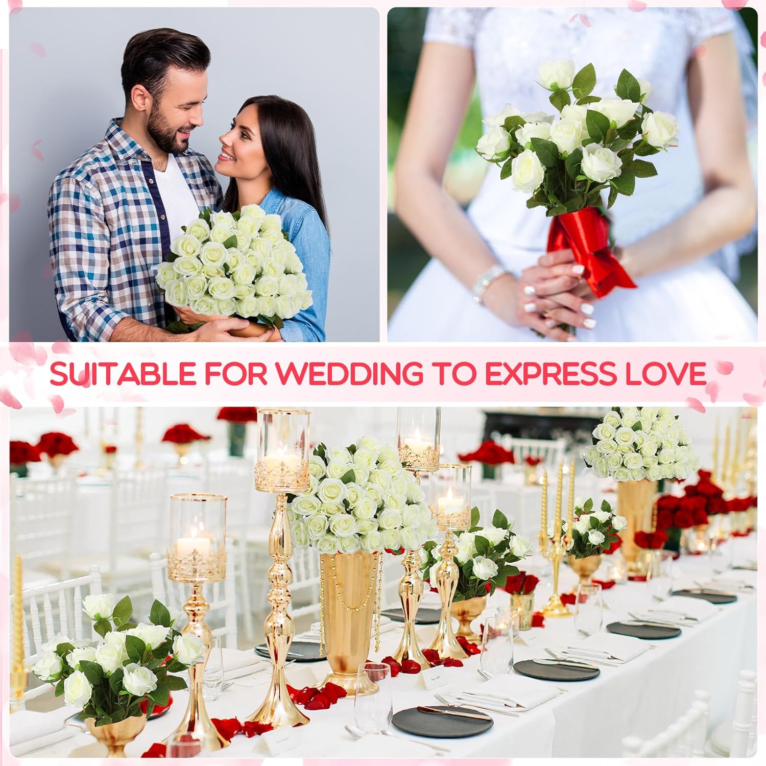 500 Pcs Artificial Silk Roses Flowers With Long Stem Bridal Wedding Bouquet Realistic Floral Bulks For Garden Home Party Gifts Favor Decoration(White)