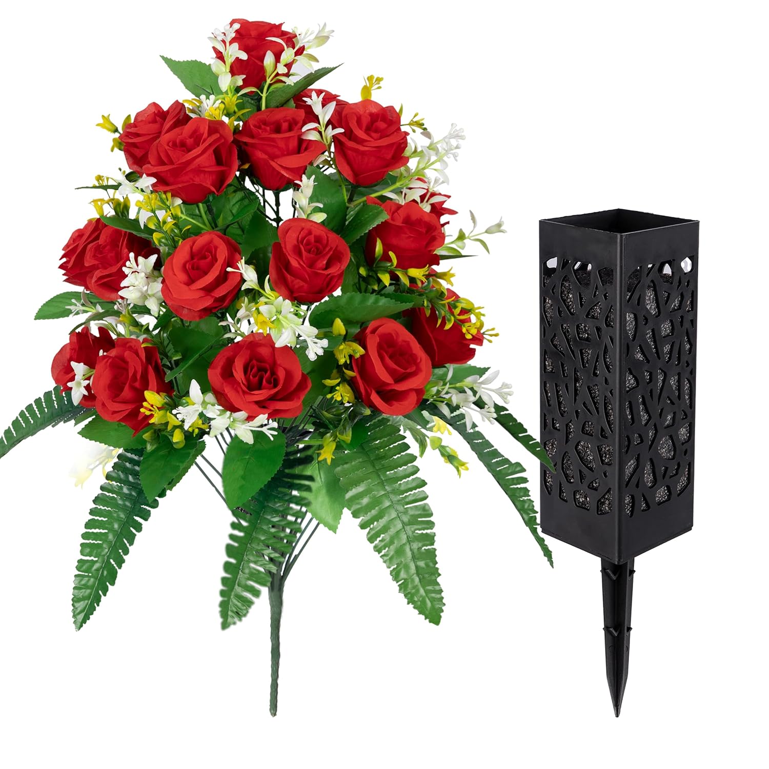 Artificial Cemetery Flowers – Grave Decorations, Cemetery Flowers For Grave Vase, Artificial Rose, Silk Flowers For Long-Lasting Remembrance(Red, 2 Bouquets)