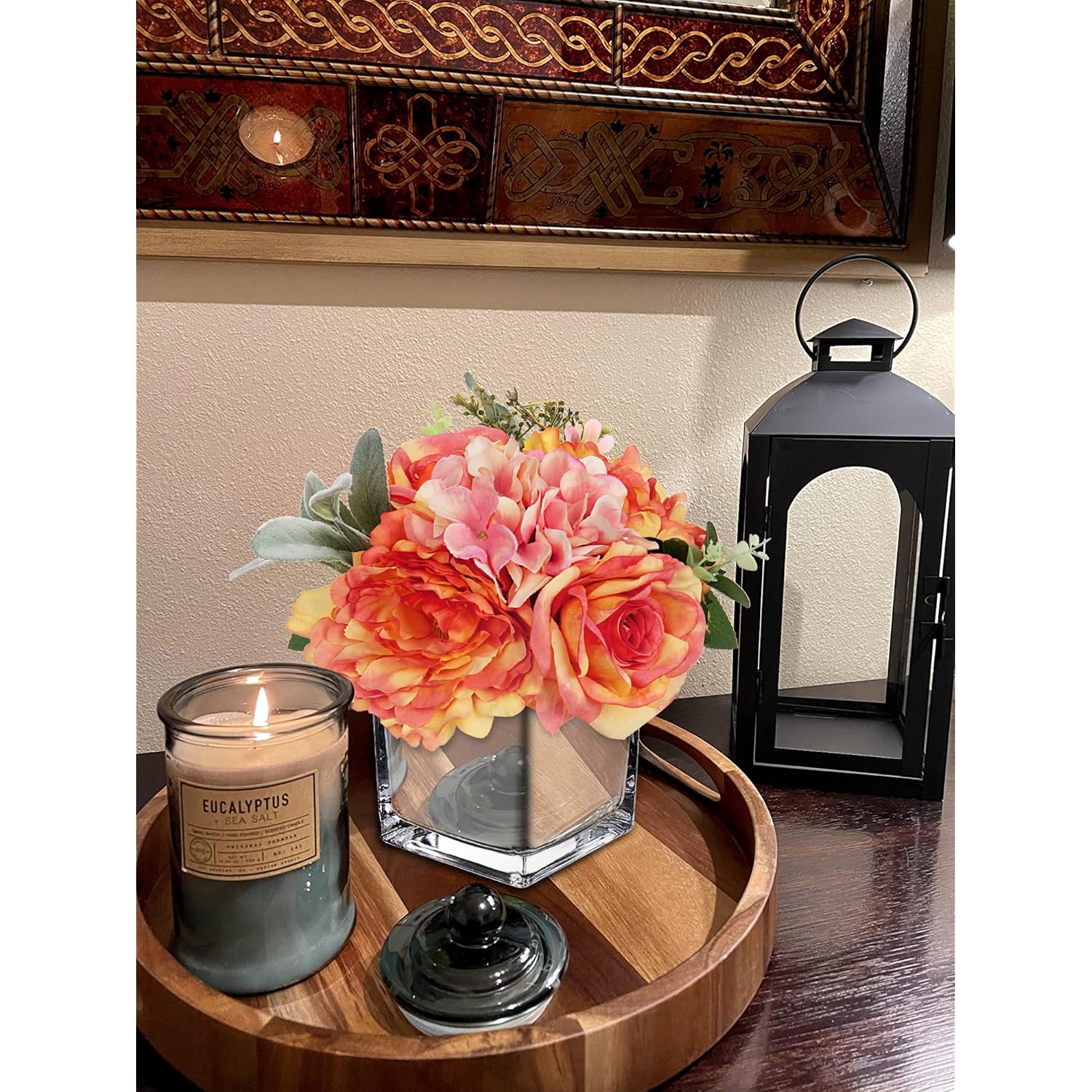 Artificial Flowers In Vase Fake Silk Hydrangea Rose Flower Arrangement Faux Potted Flowers For Indoor Home Bathroom Office Table Shelf Decor, Orange
