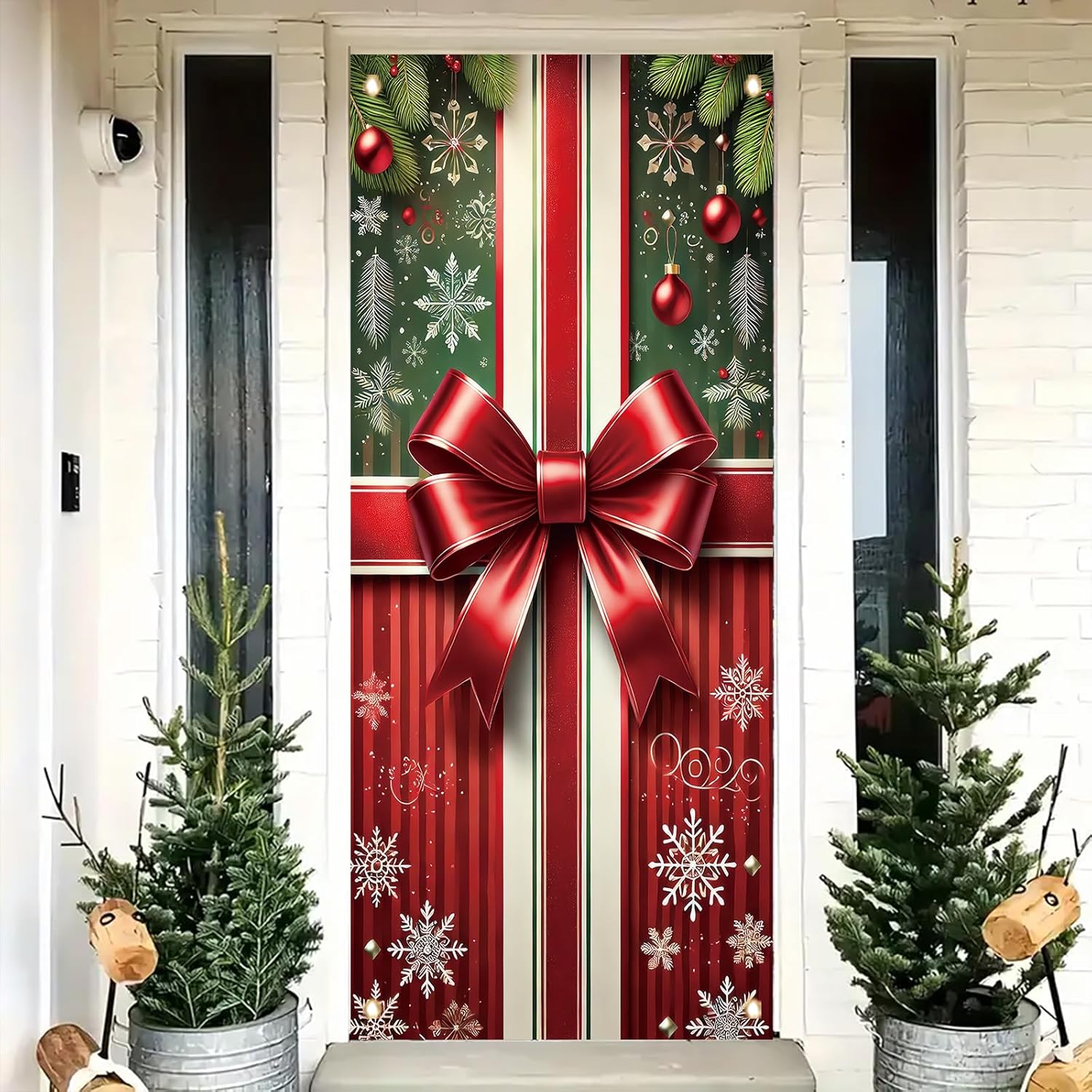 Christmas Door Cover Banner 35X71 Inch Holiday Front Door Decoration With Red Ribbon Bow Ornaments And Striped Gift Wrap Pattern For Xmas Winter Wall Hanging Seasonal Decor