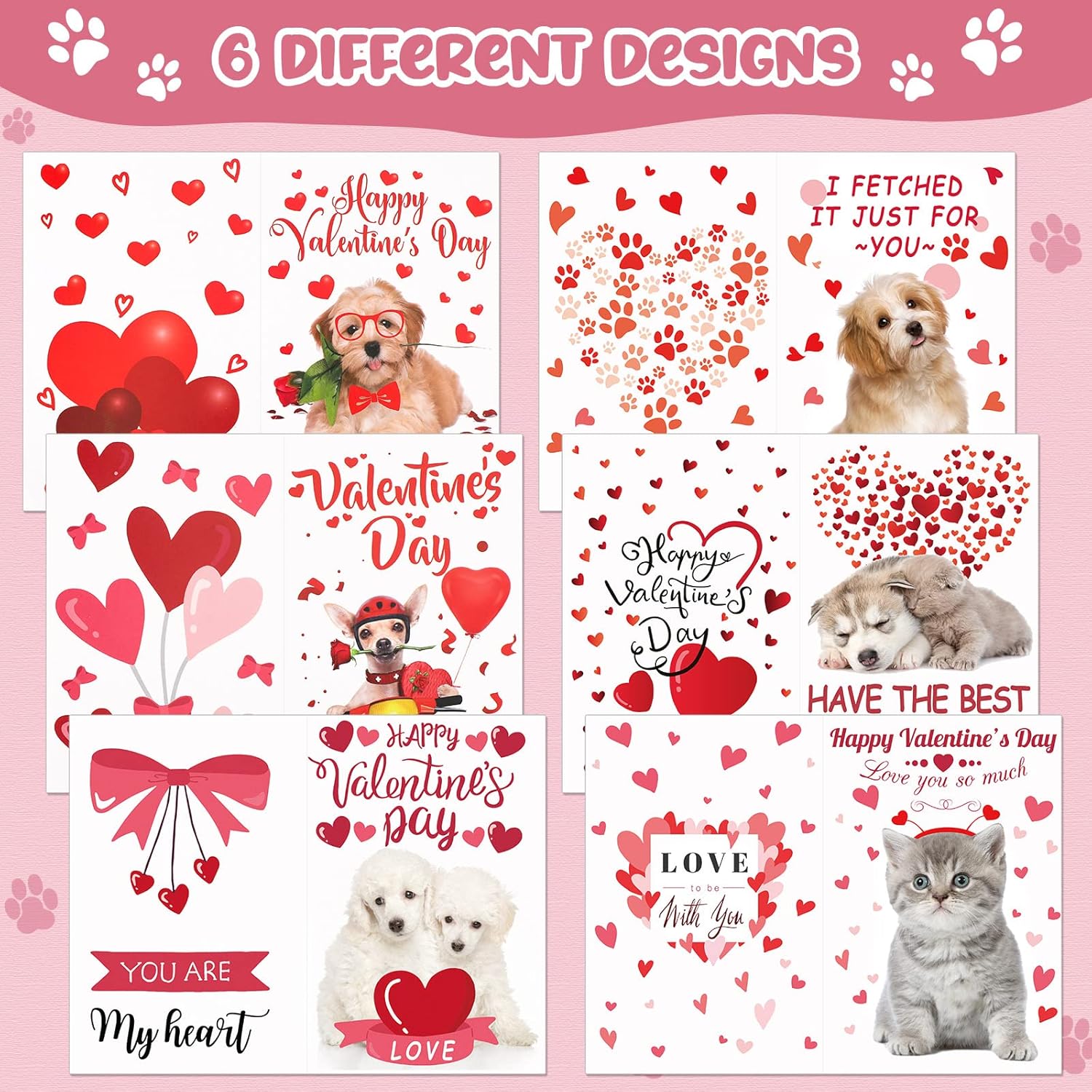 72 Sets Valentines Cards For Kids, Puppy Kitten Cards And Stickers Assortment Hearts Valentines Card With Envelopes For Kids Adults Teacher Classroom School Party Greeting Gifts