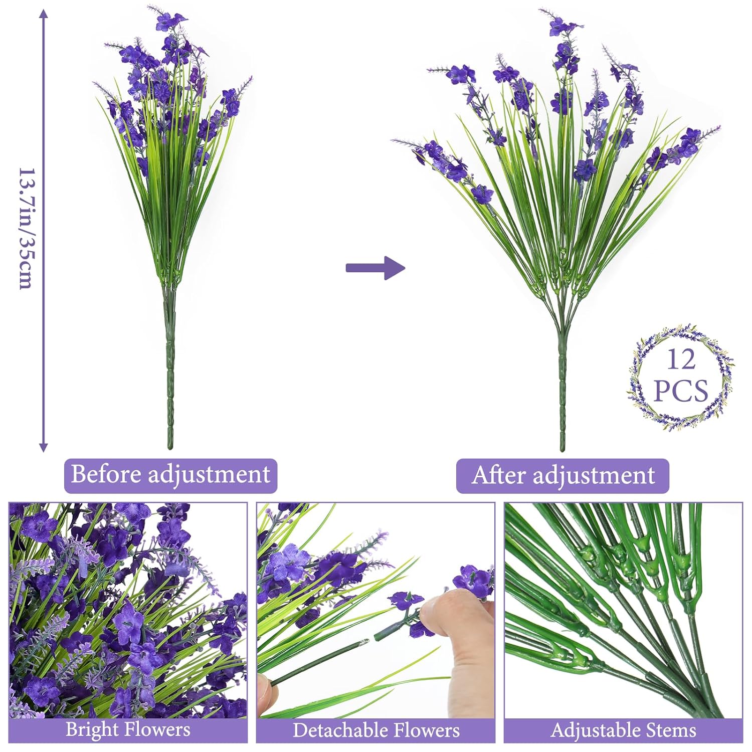 12 Bundles Artificial Lavender Flowers For Outdoors Faux Silk Flowers Fake Monkey Grass Uv Resistant Greenery Plants For Home Porch Window Patio Hanging Planter Decor (12, Purple)