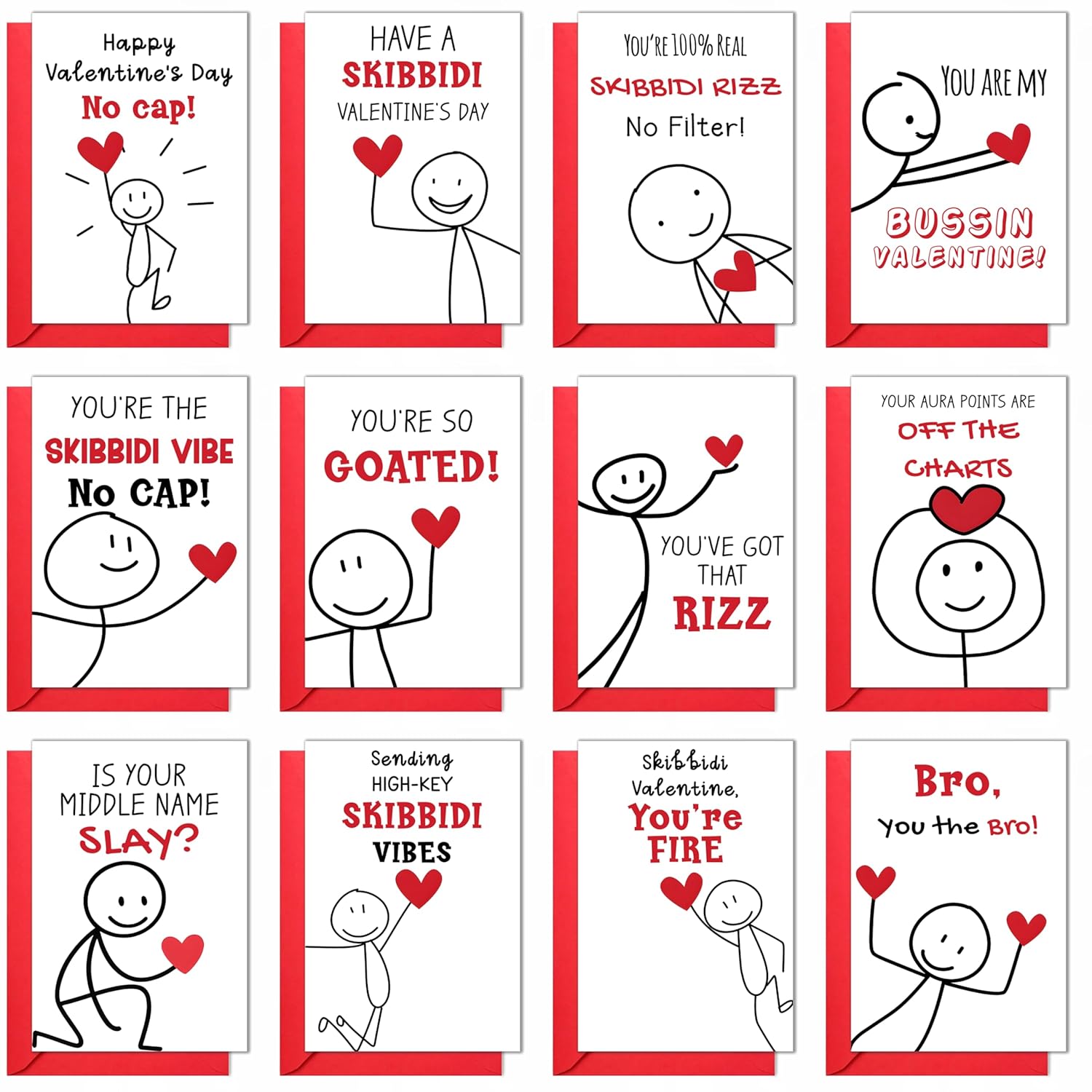 Valentines Day Cards For Kids School Classroom Exchange – 24 Pack Flat Cards 4X6 With 24 Red Envelopes & Stickers, 12 Cute Figure Designs, Trendy Theme - Valentines Day Gifts For Boys, Girls