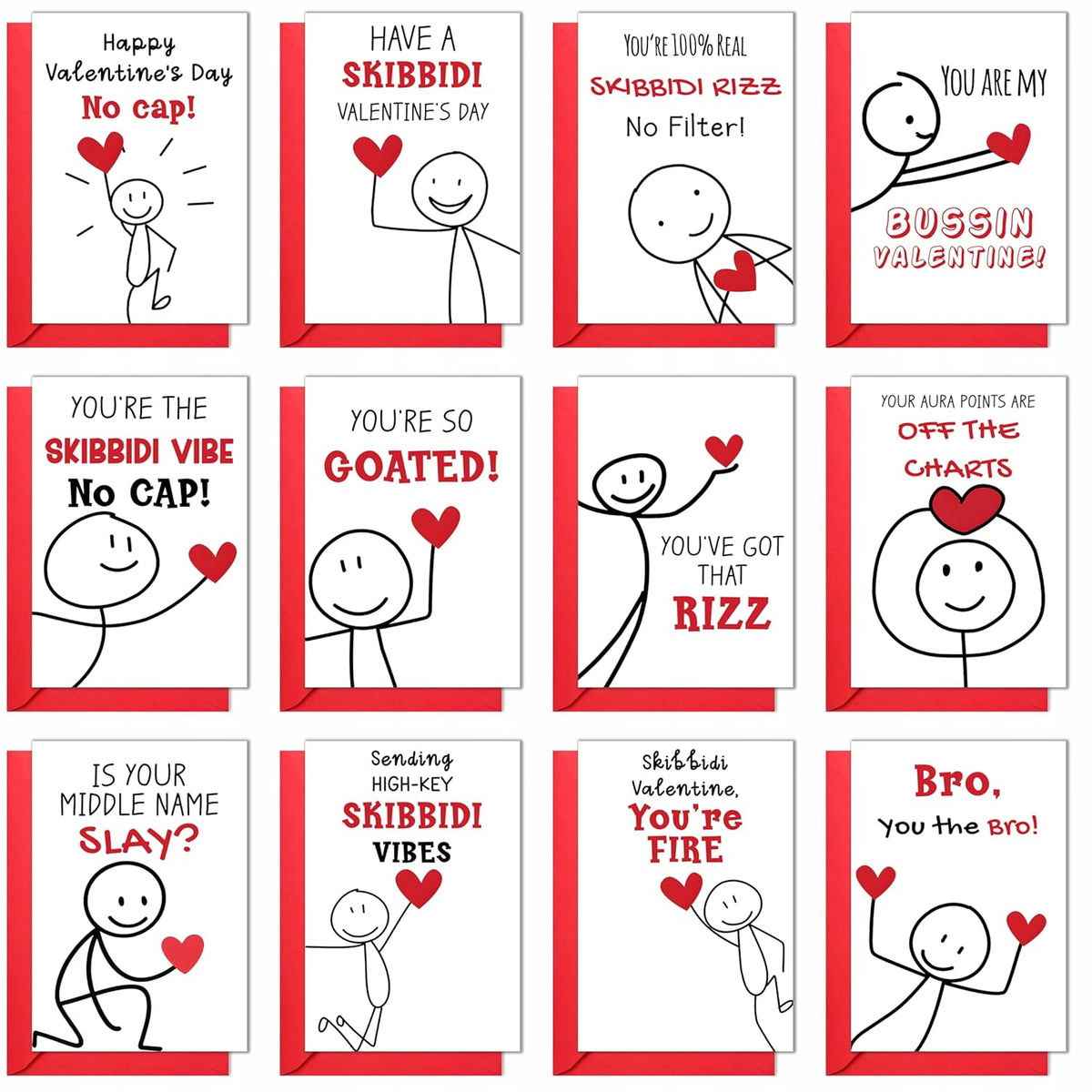 Valentines Day Cards For Kids School Classroom Exchange – 24 Pack Flat Cards 4X6 With 24 Red Envelopes & Stickers, 12 Cute Figure Designs, Trendy Theme - Valentines Day Gifts For Boys, Girls