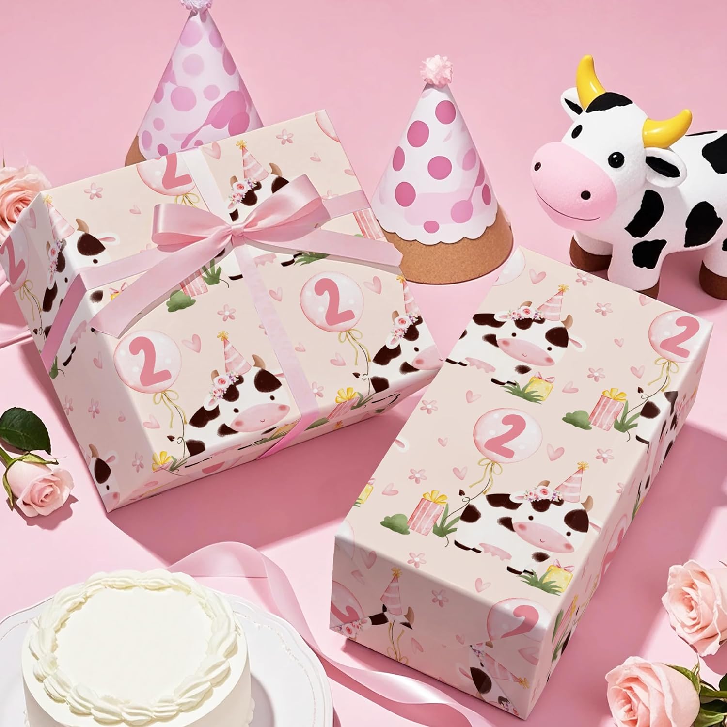 Girl 2Nd Birthday Wrapping Paper - Mini Roll - 17 Inch X 16.5 Feet - 2Nd Birthday Balloon And Cute Cow Wrapping Paper Perfect For Kids Girls, Baby Shower