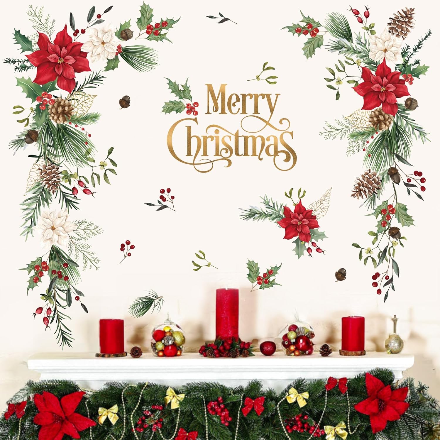 Christmas Flower Wall Stickers - Leaves And Floral Window Wall Art Decals For Xmas Party, Living Room