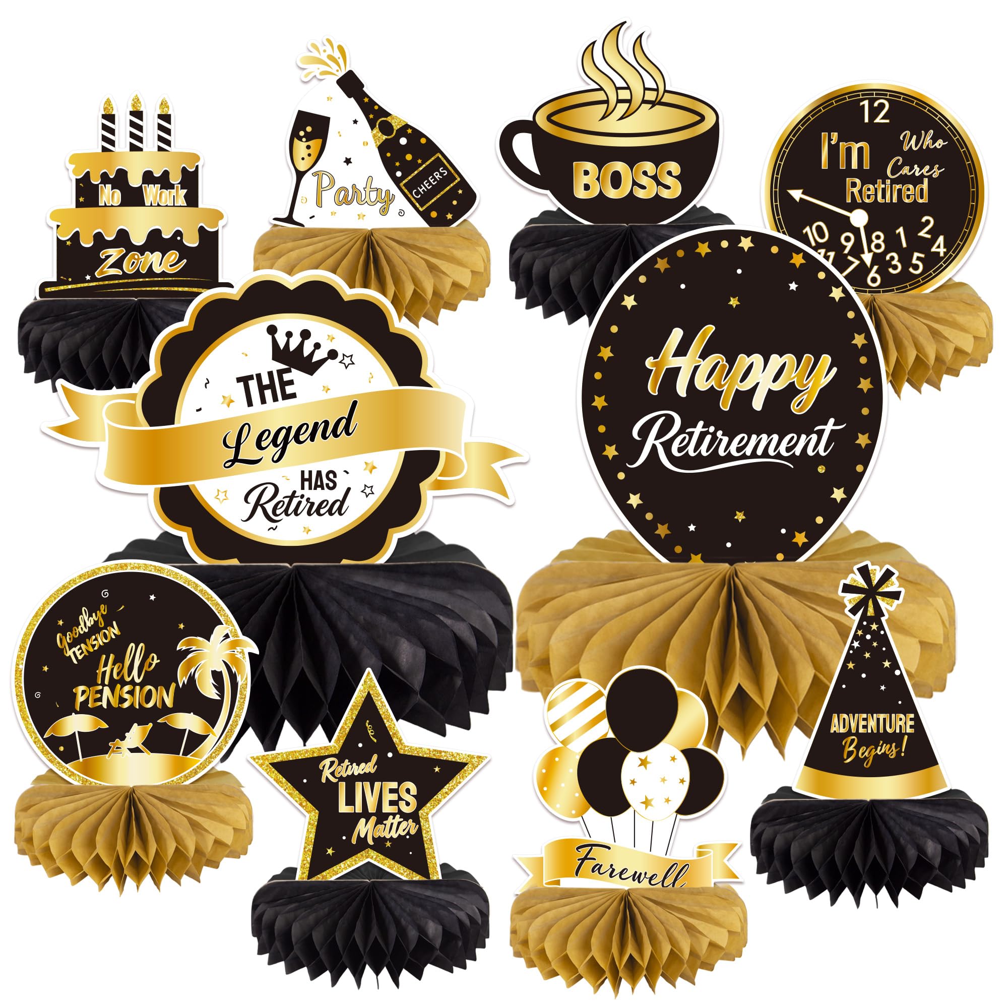 Gold & Black Retirement Party Table Decorations, 10 PCS Retirement Honeycomb Table Decorations for Farewell Party Supplies, Retirement Decorations for Men Boss Coworker